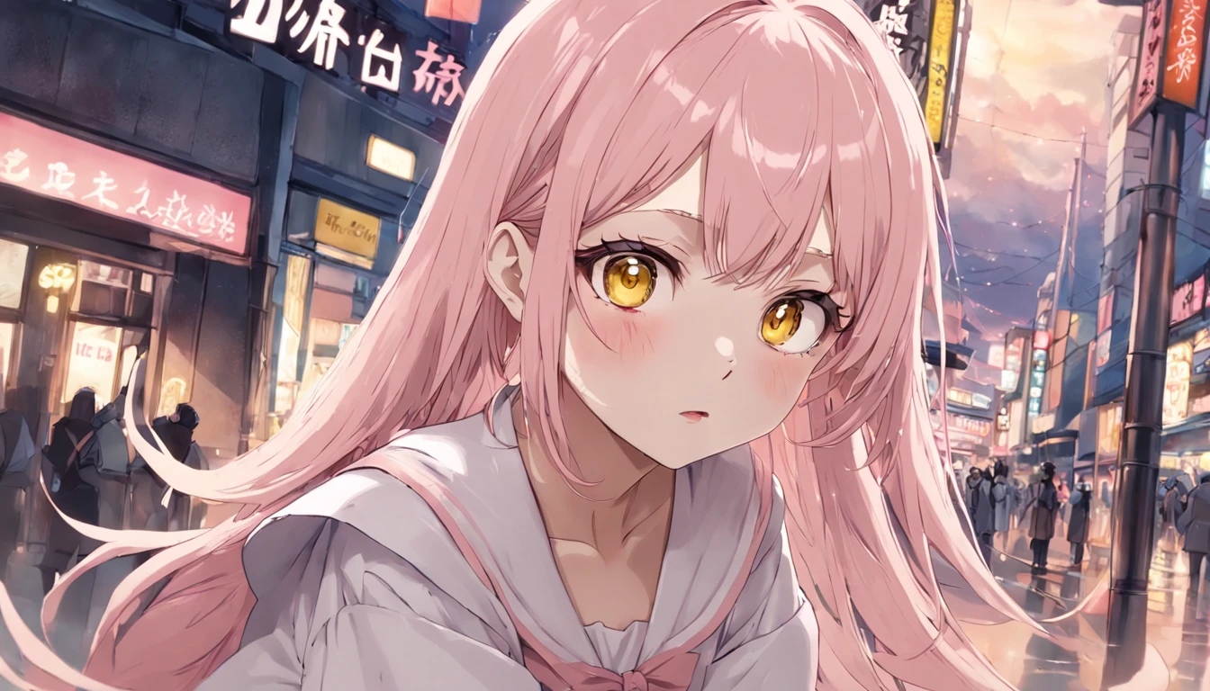 Gentle and beautiful maiden, Tall girl, Long soft pink hair，By bangs, Large pale yellow eyes, Lovely look, blushing slightly, Wear a plain white shirt, Wear it with a light yellow cardigan, and light pink, Skirt Wear white knee-length stockings, and black school shoes, The skin is really shallow, Long eyelashes, Several basic white hairpins are worn on his hair, Wear a gold bracelet, Thermoformed body