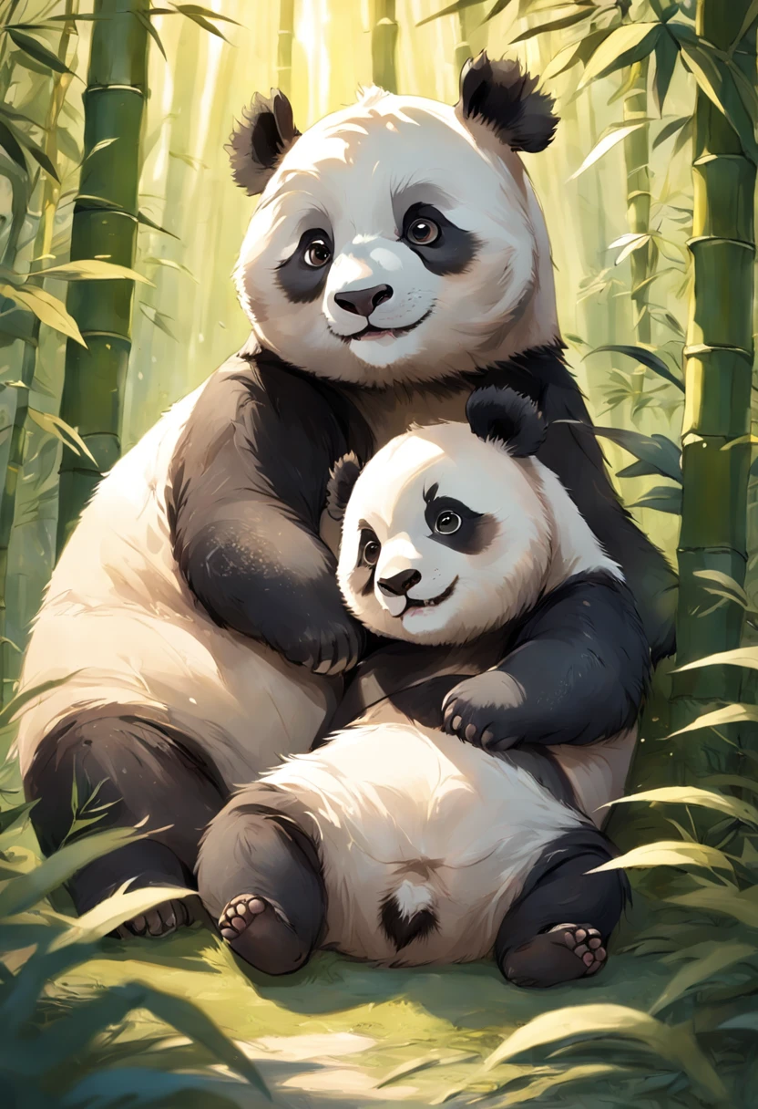 Two adorable furry panda cubs roll playfully in sunny bamboo glades, Warm light filters through the leaves. Detailed fur texture, Peaceful and natural mood, Gentle lighting. Traditional watercolor style. --AR 4:5 --s 400 --niji 5