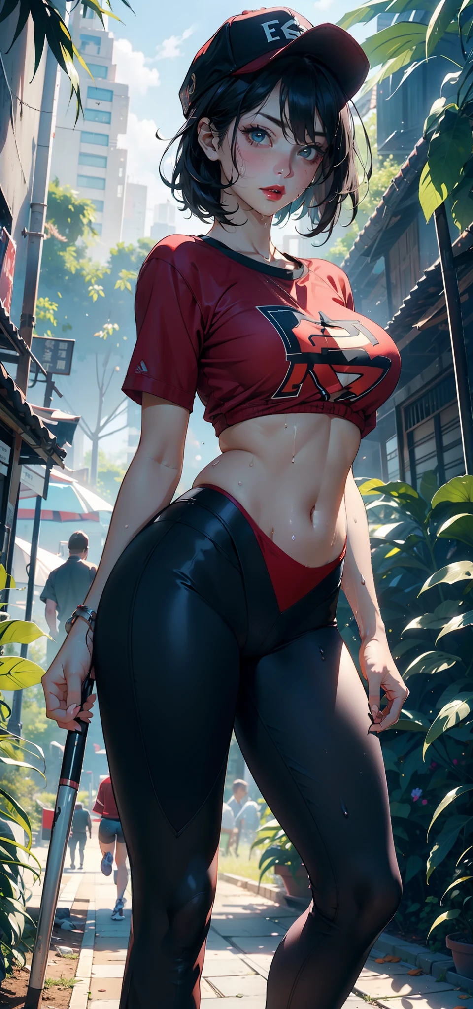 1female,36 years old,熟妇,mature,Bigchest,Big breasts Thin waist,long leges,Raised sexy,Pornographic exposure, 独奏,(Background with:bamboo forrest,clubs) She has very short black hair,standing on your feet,Sweat profusely,drenched all over the body,seen from the front, hair straight, mostly cloudy sky,(((tmasterpiece),(Very detailed CG unity 8K wallpaper),best qualtiy,cinmatic lighting,detailed back ground,beatiful detailed eyes,Bright pupils,(Very fine and beautiful),(Beautiful and detailed eye description),Black eyes,Redlip,ultra - detailed,tmasterpiece,)),facing at camera,(The upper part of the body),A high resolution,ultra - detailed),revealing breasts,Bare genitalia, Bulge,legs are open,sexyposture,Camel toes,Flushed complexion,Open-mouthed,frontage,Iron Man(Wearing:baseball cap,Red baseball shirt,black colored leggings,athletic sneakers),Full body photo,Show shoes