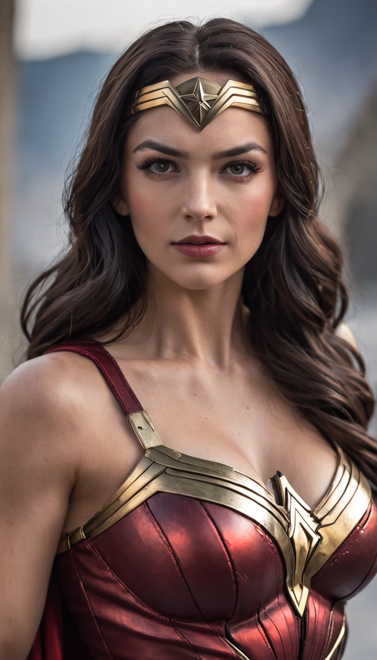 Wonder Woman is an iconic superheroine known for her strength courage and compassion. She has huge breasts. Her face exudes determination and a sense of justice. Her piercing eyes reflect her unwavering resolve and compassion for others. Her dark hair cascades in luscious waves framing her face with elegance. She wears her iconic red blue and gold costume. Around her waist, she wears a golden belt with a prominent "W" symbol. Her accessories include golden gauntlets on her arms, serving as both defensive armor and powerful weapons. She wears red and white boots providing her with stability and enhancing her speed and agility. Carries the Lasso of Truth, a golden rope that compels anyone caught in its grasp to tell the truth.