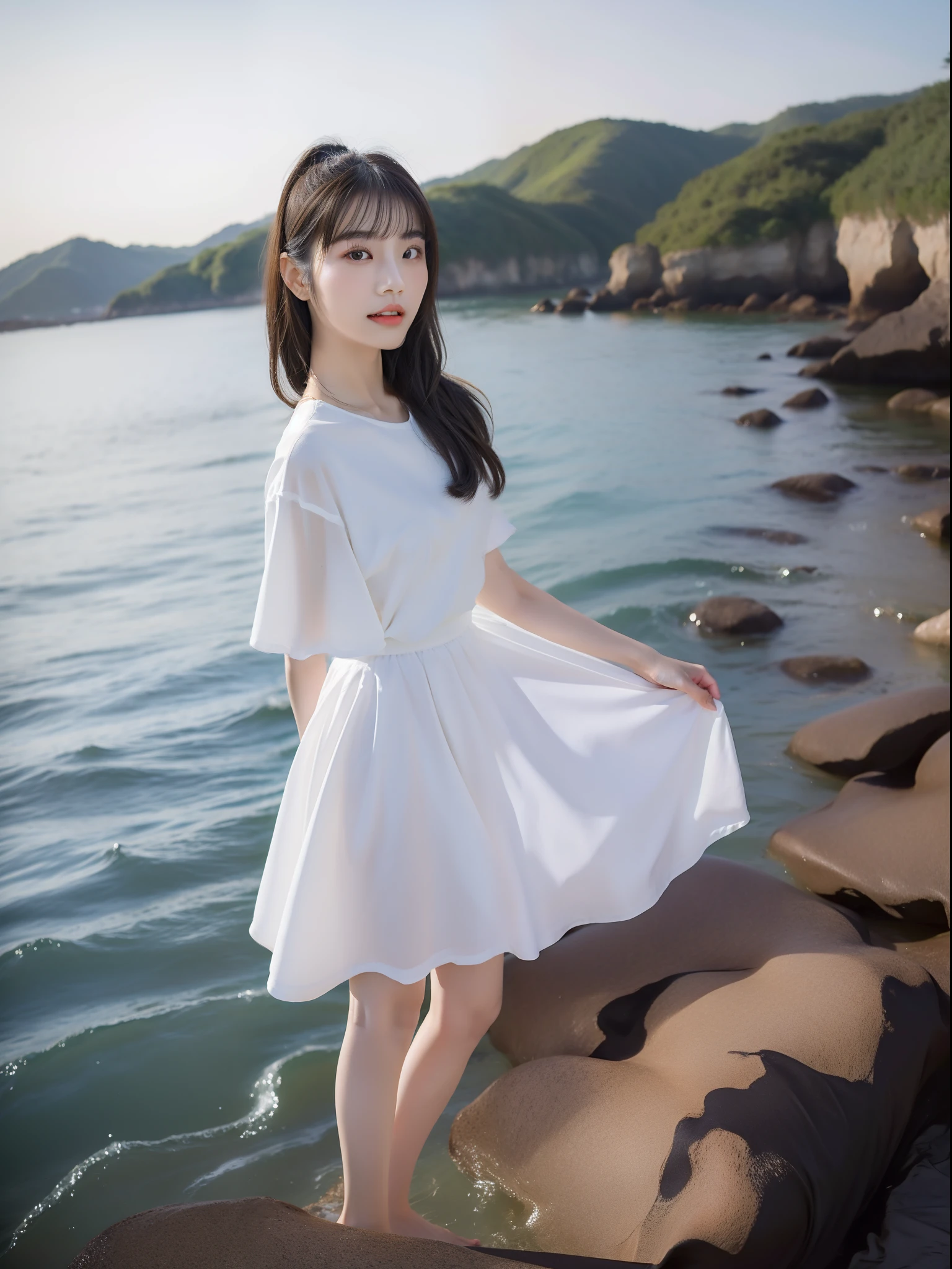 Chinese woman wearing beautiful skirt by the sea，Enchanting photos, young cute wan asian face, Beautiful Asian girl, Beautiful young Chinese woman, Gorgeous young Chinese woman, Beautiful Chinese Woman Chinese Girl, Girl's cute and delicate face, Looks like Yang Mi, cute young woman, cute young woman, Beautiful Chinese girl full body photo body proportions are very good、Anterior convex and posterior、Long legs、Very coquettish and sexy