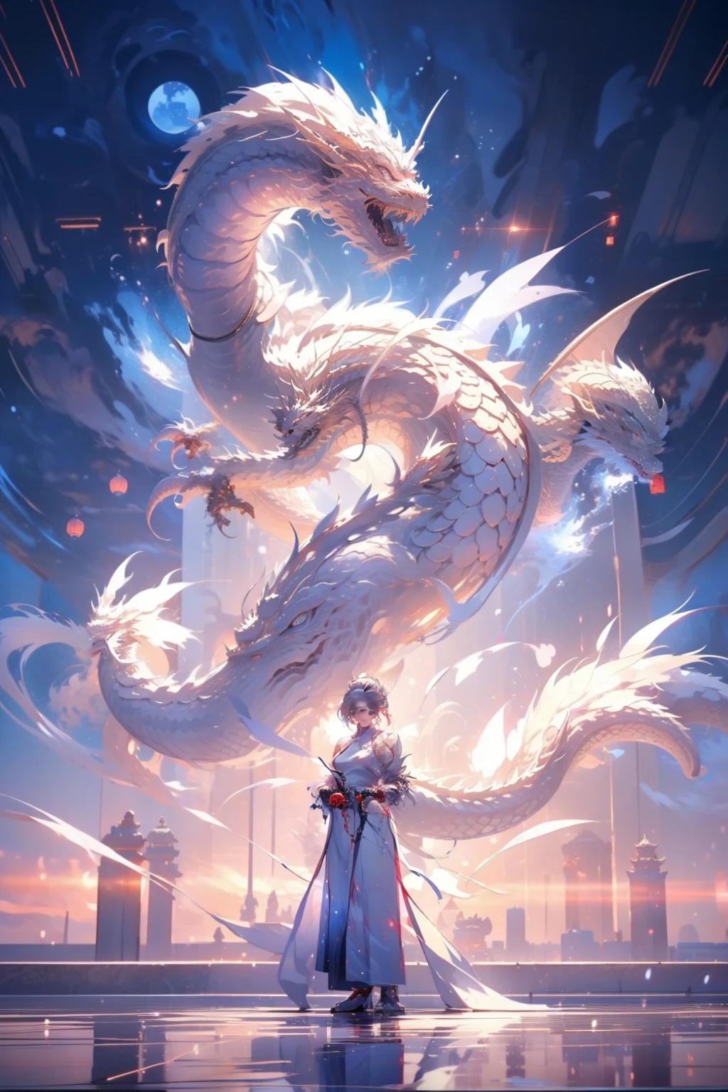 (((White dragon)))，chinesedragon，(((Behind it is a huge Chinese dragon)))，A woman of outstanding figure，Wear a nice miniskirt，Leaking out of both shoulders，jewely，Amazing work，Vitreous luster,clean backdrop，High gloss，blue colors，In pink，cyan colors，red colour