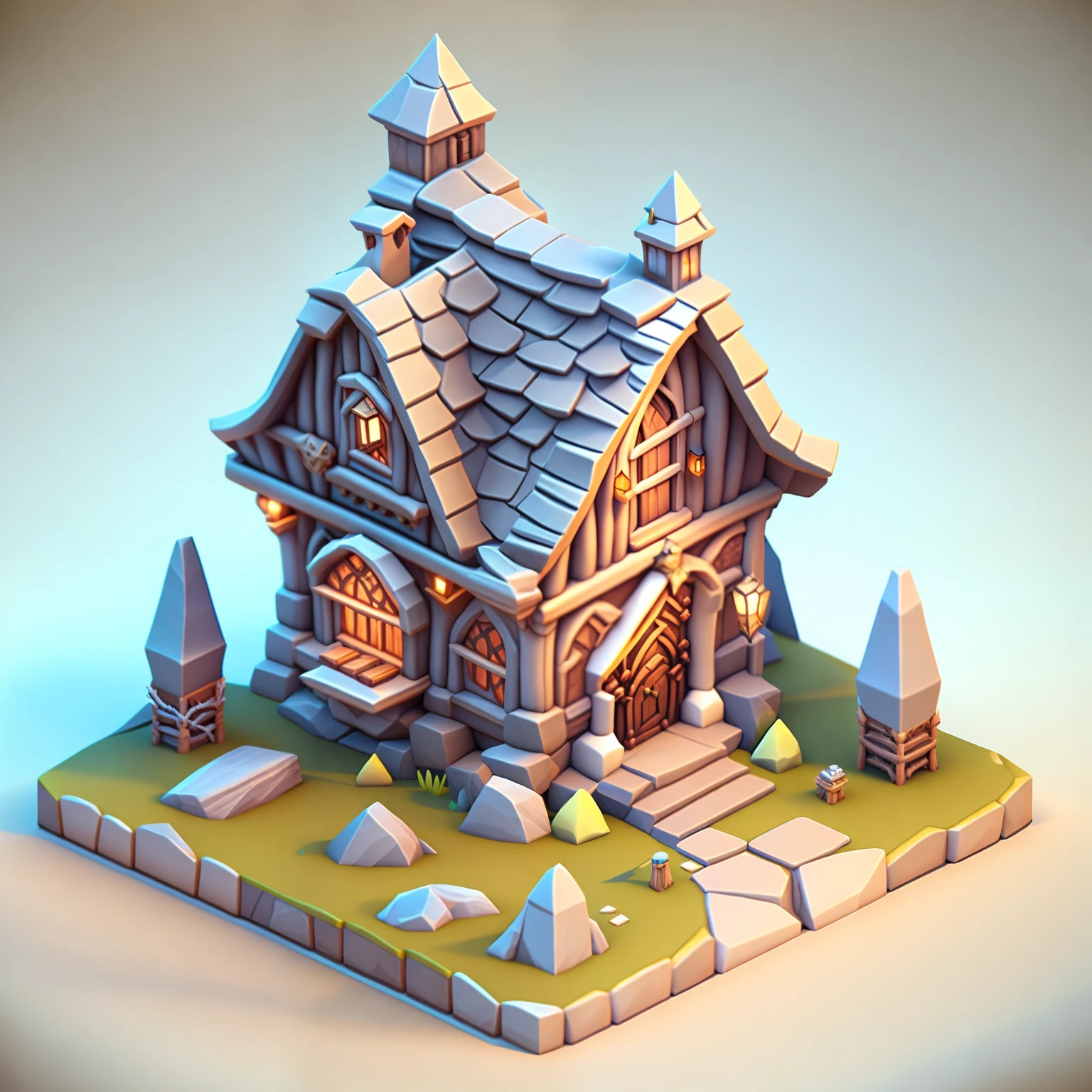 Isometric house, RPG style, Cartoony, DnD, fantasy, mobile game,Primitives,Animal skeletons,stone,wood