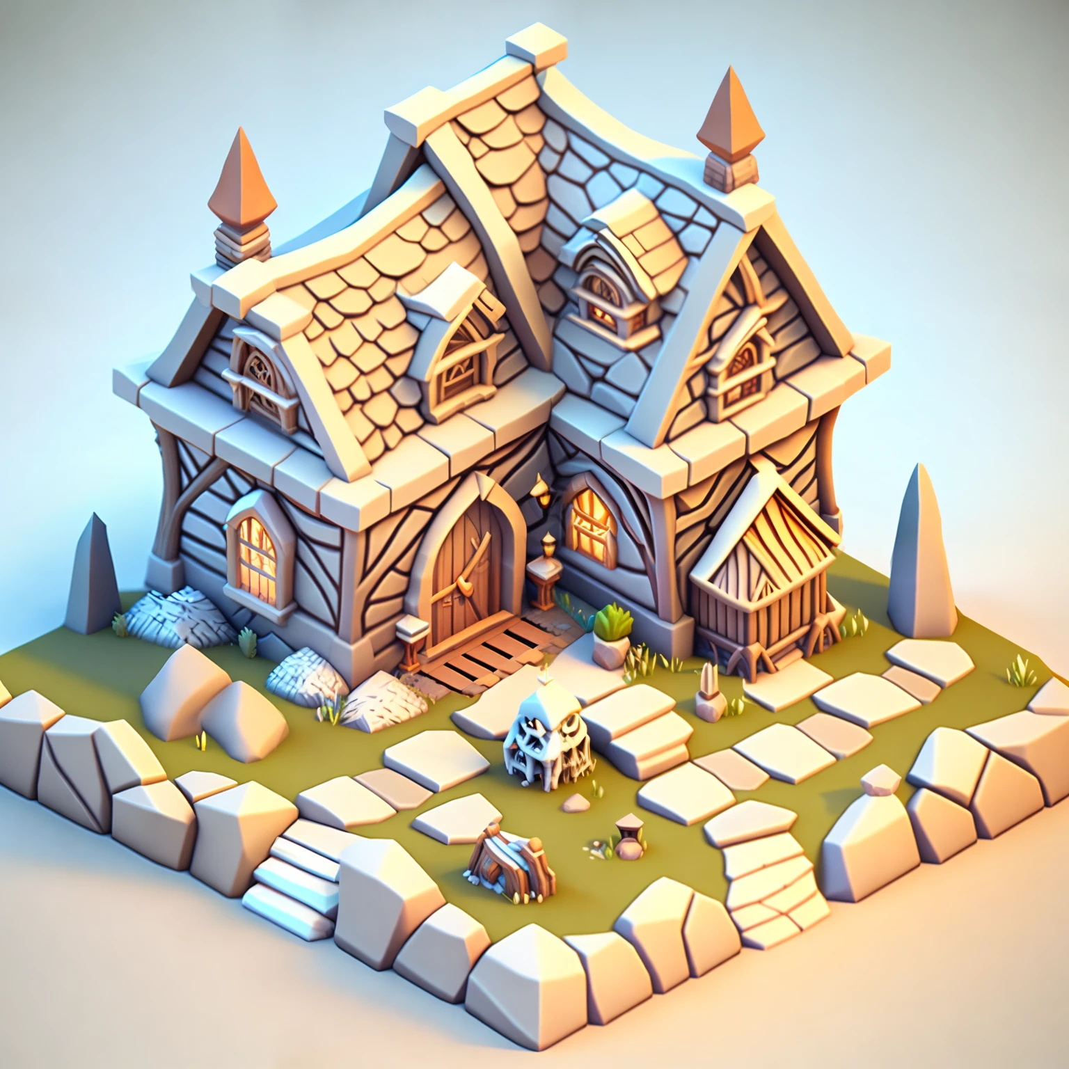 Isometric house, RPG style, Cartoony, DnD, fantasy, mobile game,Primitives,Animal skeletons,stone,wood