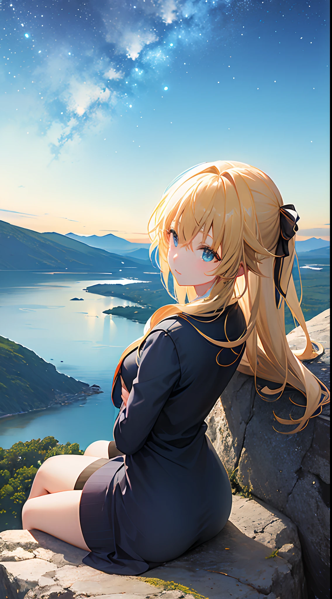 octans, sky, star (sky), scenery, starry sky, night, 1girl, night sky, solo, outdoors, building, cloud, milky way, sitting on a rock , tree, long hair,  silhouette, sitting on a rock in the mountains with a beautiful view, Beautiful stars,Also have some clouds