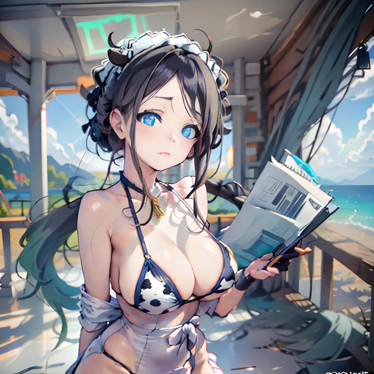 Cheers Saki | Blue Archives, Iwhole Body, (NSTDA.:1.2), (10, beste-Qualit, master-piece: 1.4), ultra-high resolution, (Realistic, photorealistic portrait: 1.48), 25-year-old girl , ( Micro Beetle View - Bikini Pass:1.11),Cow's milk bikini print, Famous Japanese celebrities, gigantic breasts, Blue Eyes, Head Tilted, cowboy shot, View from the front, looking at the audience, expressionless, Beautiful Sea Zeiss f 150mm/ 2.8 Hasselblad, Whole body, foot , Ultra-Wide Angle