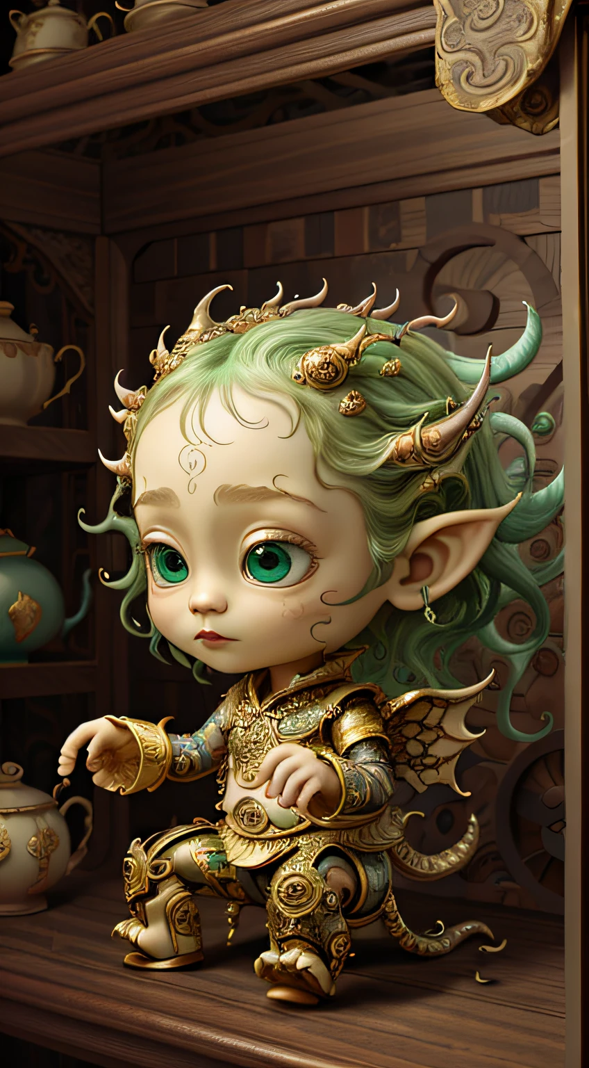 (top-quality:1.4)、(​masterpiece:1.2)、detaileds、Convoluted、hight resolution、Irridescent color、 Fused the best aspects of the monster's human form with the innocent charm of a precocious child、Fascinating and fascinating creatures of otherworldly forms、Scale、wingspan、Green grass、Textured、Convoluted、a gorgeous、。.。.。.3D、Very detailed and decorative style、Tim burton、Dale Chihuly、Bruce Chen、Cyril Rowland、 h. r.giger$purah$grid:Real Lenoid Afremov style、Wetty、fire、most beautiful image in the world、masterpiece of best quality