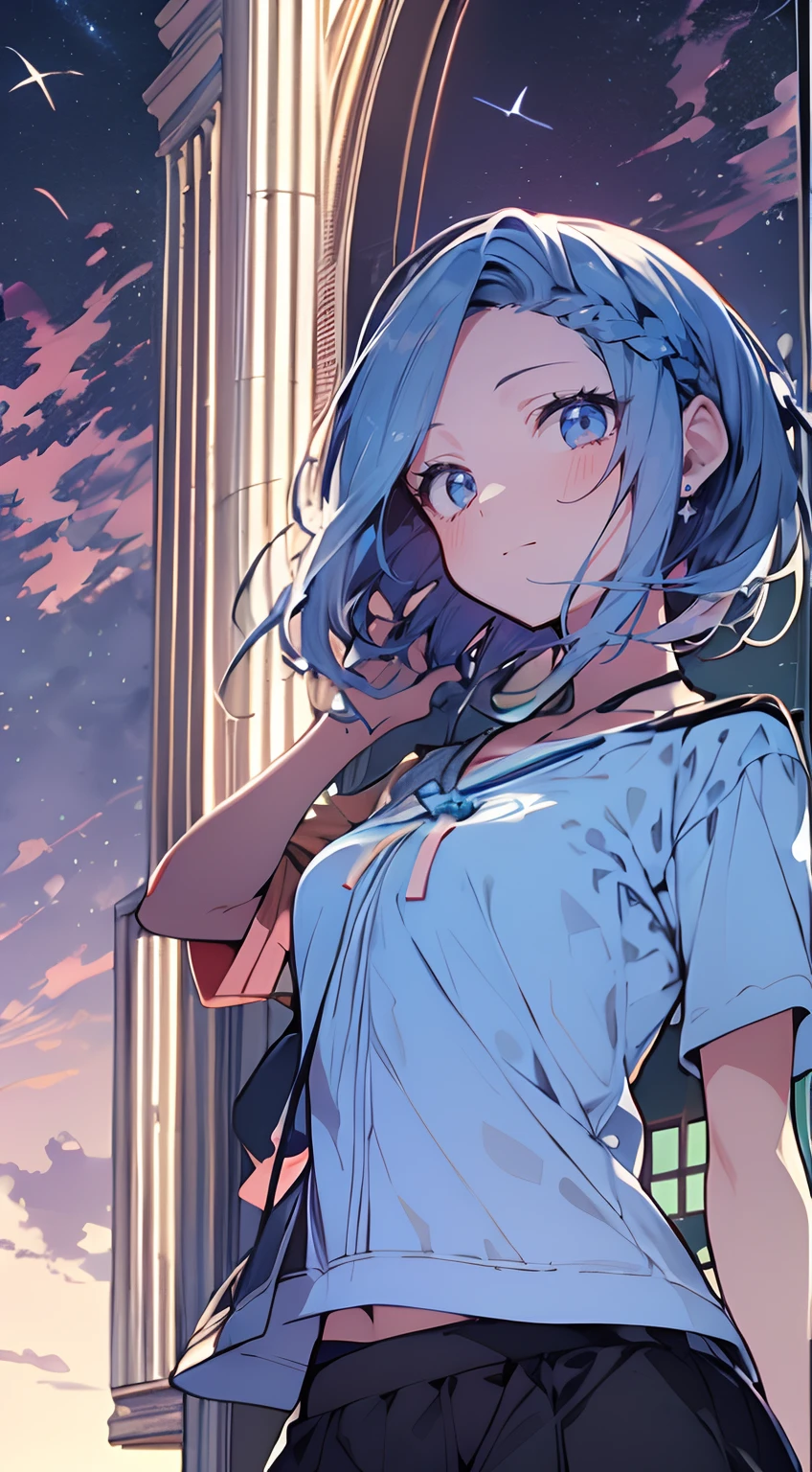 masutepiece, Best Quality,Illustration, Wallpaper, Ultra Detail, Absurd beauty、1 beautiful girl、 (Medium short hair、short braided hair), Beautiful ultra-detailed eyes , Hair fluttering in the wind、Smaller head、Beautiful night sky