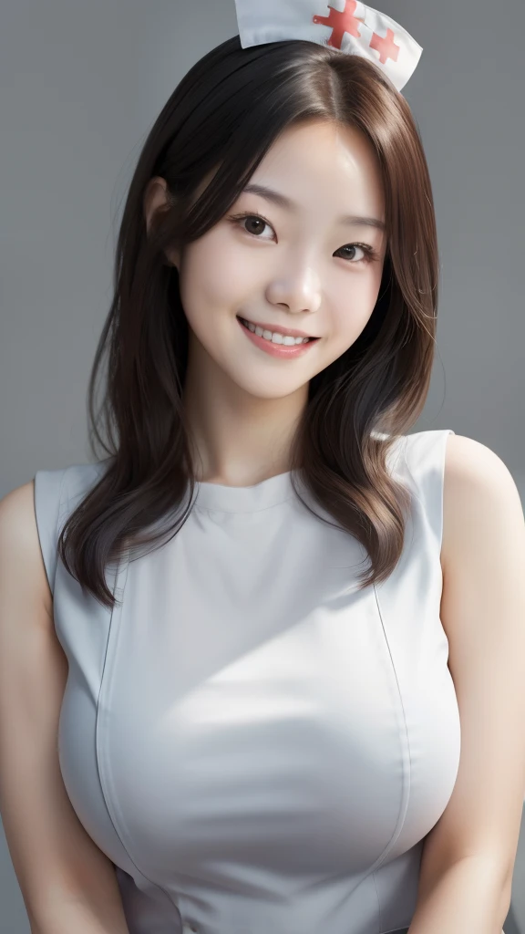 (masutepiece:1.3), (High resolution:1.1), Detailed beautiful face, Detailed beautiful black eyes, (Perky smile:1.4), girl with, 20 years old, F1/8,beautiful Korean women, in 8K, Best Quality, Realistic, 超A high resolution, photographrealistic, Japanese, slim, Huge breasts, nurse's outfit,Random hair,Unreal Engine