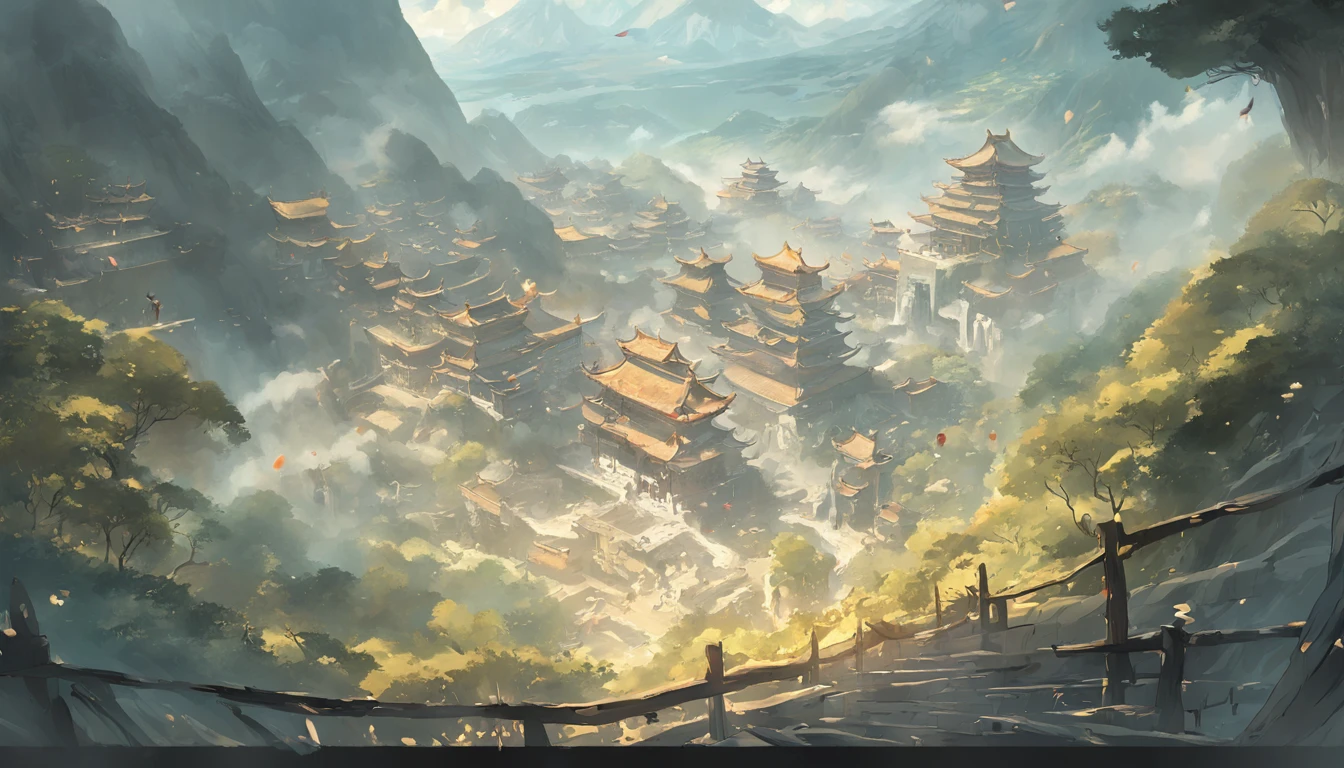 Ancient Chinese landscapes,mountain ranges,rios,Farming, field, Tano, Auspicious clouds,rays of sunshine,tmasterpiece,super detailing,Epic composition,hyper HD,high qulity,extremely detaile,offcial art,Unity8k wallpapers,super detailing,Intentional realm, 32k -- v 6