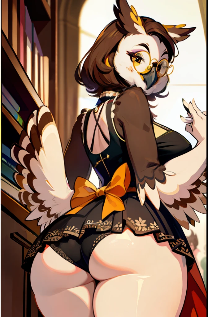 antro (brown owl), winged arms, feminine, huge breasts, beak, round glasses, flowery short dress, neckline, wide hips, huge thighs, huge ass, rear view, leaning on the wall, background library, top, bottom, embarrassed smile