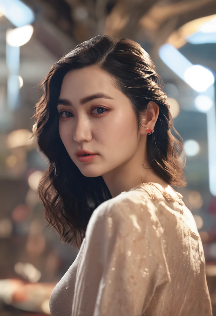 Masterpiece, Best quality, (Realistic, photo-realistic:1.37), An extremely delicate and beautiful, Amazing, finedetail, Ultra-detailed, Extremely detailed, Beautiful detailed girl, 1girll, (perfect women figure), full bodyesbian, Huge breasts,fullbody,short-skirt,Bun