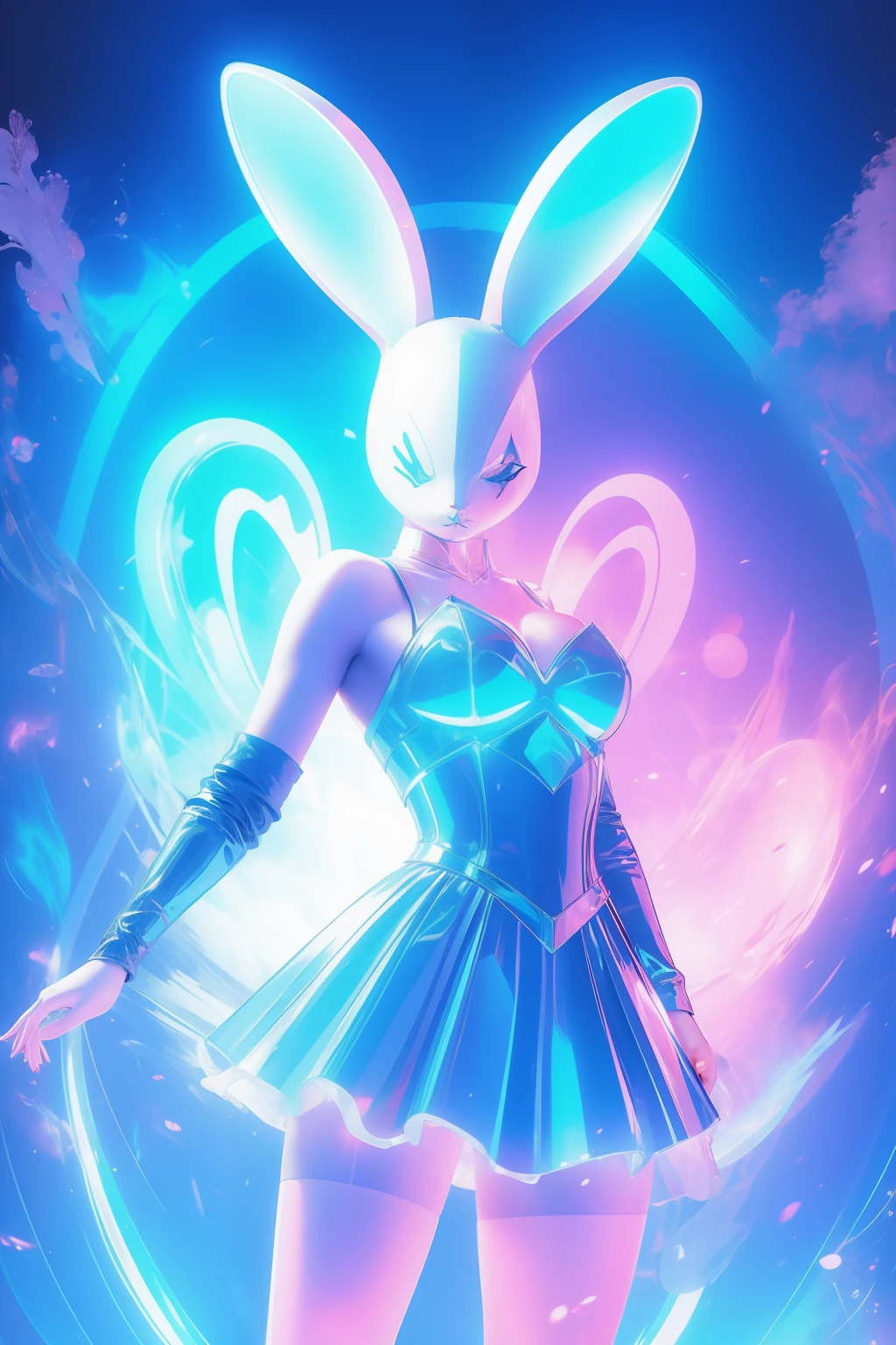 (((edgBunny)))，A woman of outstanding figure，Wear a nice ，Leaking out of both shoulders，jewely，3D,Amazing work，Vitreous luster,((clean backdrop))，High gloss，blue colors，In pink，cyan colors，red colour