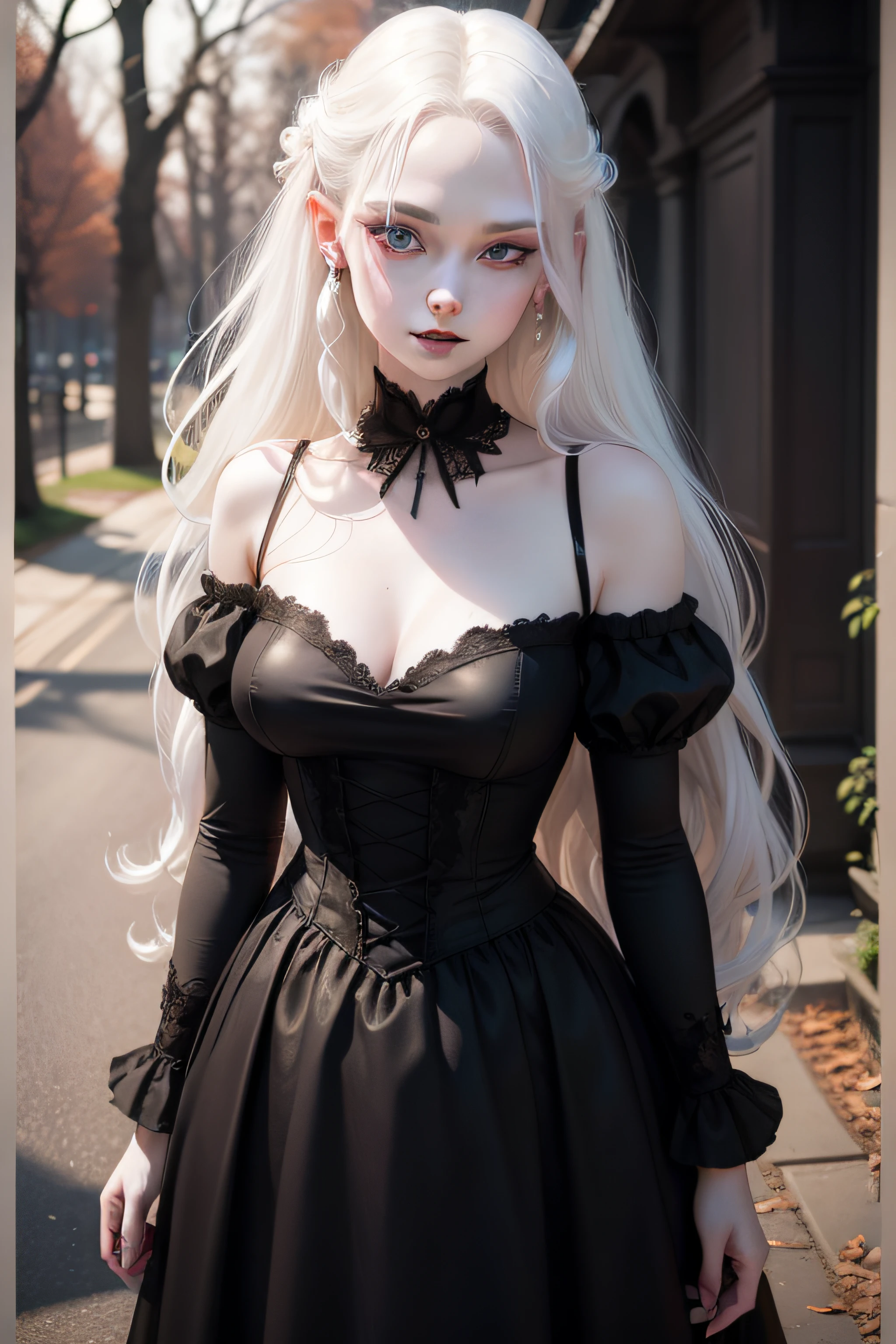 female vampire|albino,pale porcelain skin, vintage black dress, smile, shallow depth of field, sadistic, nightfall, detailed face, day,wide hips,narrow waist,portrait of woman standing,detailed eyes, realistic,8k RAW photo, highest quality, (looking at the viewer:1.3), best shadow, intricate details, (bold hair:1.3),(bright eyes),forest, grave,gothic,goth