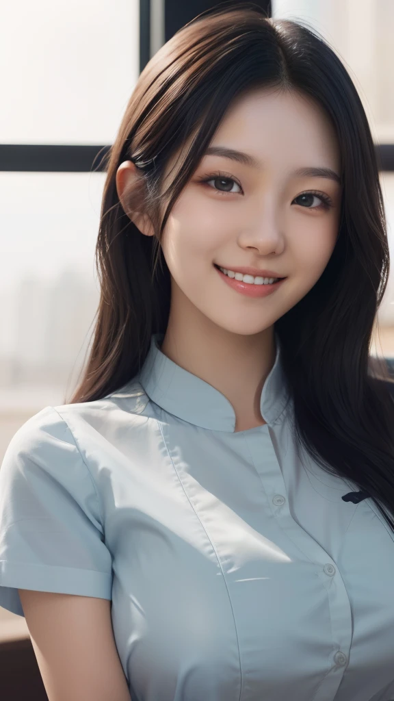 (masutepiece:1.3), (High resolution:1.1), Detailed beautiful face, Detailed beautiful black eyes, (Perky smile:1.4), girl with, 20 years old, F1/8,beautiful Korean women, in 8K, Best Quality, Realistic, 超A high resolution, photographrealistic, Japanese, slim, Huge breasts, nurse's outfit,Random hair,Unreal Engine