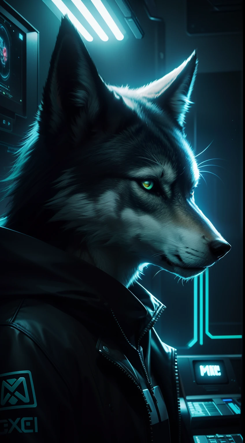 hacker, wolf face, matrix, computer, stare at the computer, neon light, Animal Anthropomorphism, realistic digital, humanoid, abstract background, global illumination, intricate, epic, dramatic, masterpiece, high detail, best quality, ultra high res