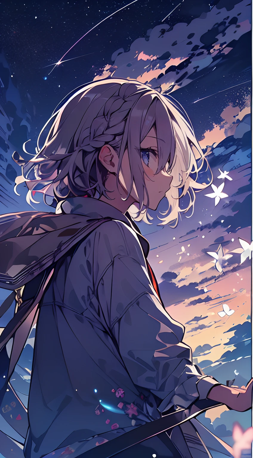 masutepiece, Best Quality,Illustration, Wallpaper, Ultra Detail, Absurd beauty、1 beautiful girl、 (Medium short hair、short braided hair), Beautiful ultra-detailed eyes , Hair fluttering in the wind、Smaller head、Beautiful night sky