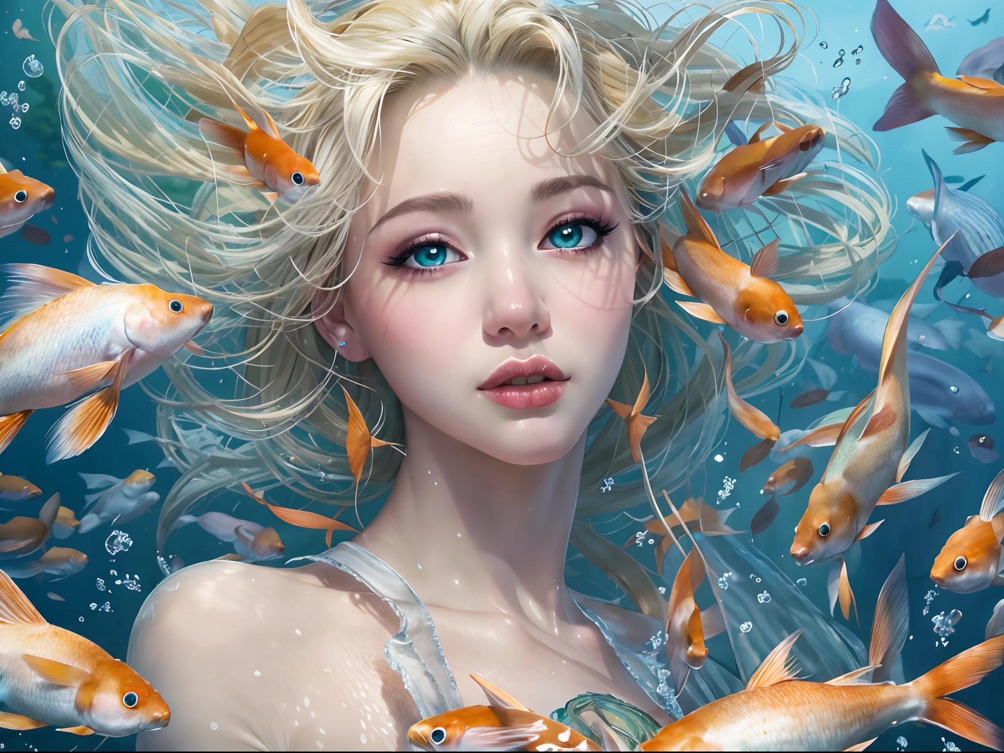 high details, best quality, 16k, RAW, [best detailed], masterpiece, best quality, (extremely detailed), full body, ultra wide shot, photorealistic, fantasy art, RPG art, D&D art, a picture of a mermaid swimming with koi fish under the sea, exqisite beautiful mermaid, ultra feminine (best details, Masterpiece, best quality), ultra detailed face (best details, Masterpiece, best quality), blond hair, pixie cut, blue eyes, white scales, undersea life, a [[flock of koi fish]] swimming (best details, Masterpiece, best quality) undersea background depths-fc, dim sun light from above High Detail, Ultra High Quality, High Resolution, 16K Resolution, Ultra HD Pictures, 3D rendering Ultra Realistic, Clear Details, Realistic Detail, Ultra High Definition