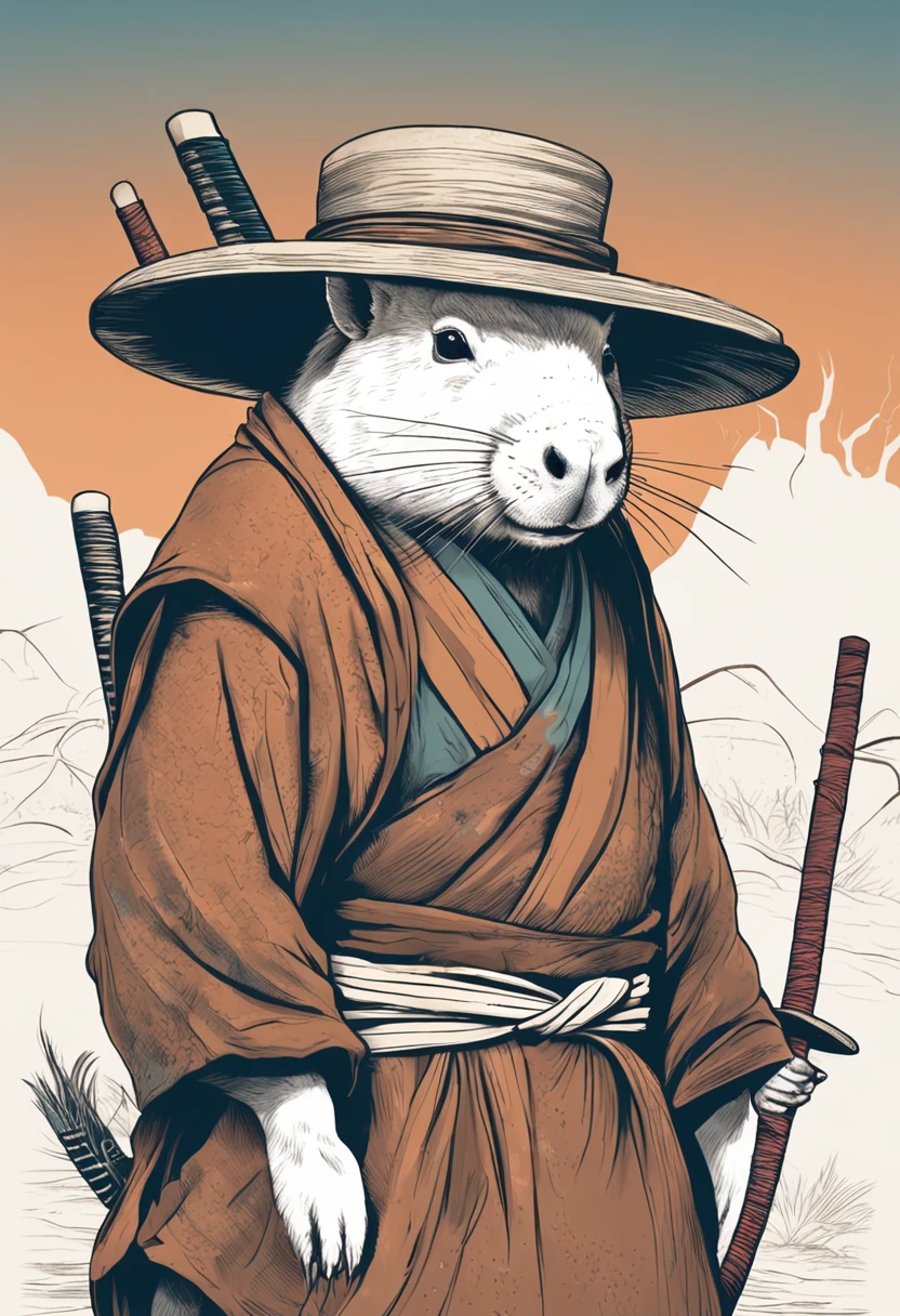 a samurai capybara standing holding a katana and a straw hat