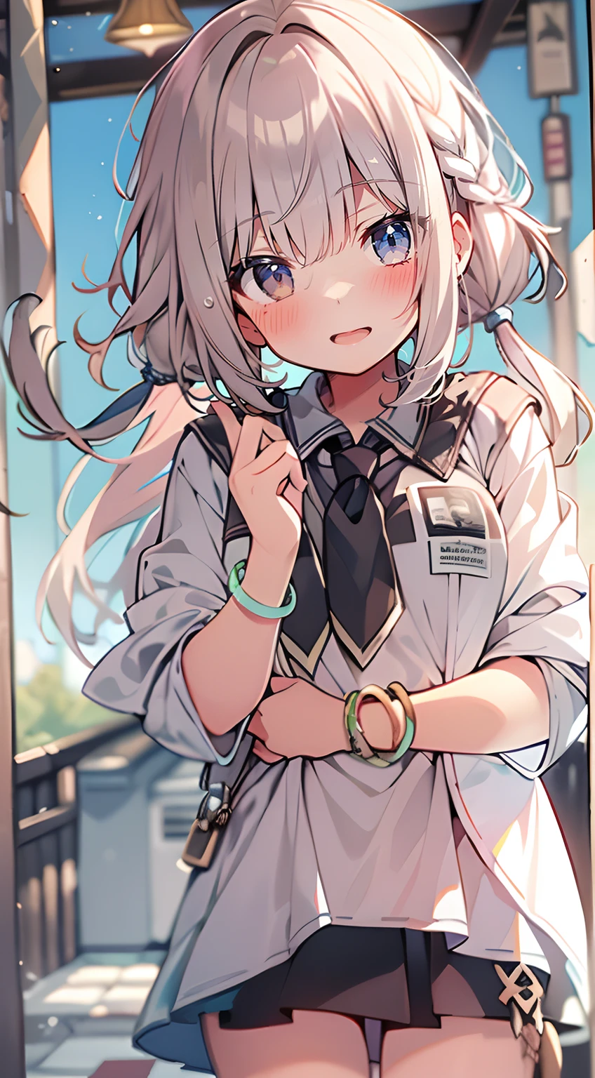 (top-quality、32K image quality、​masterpiece、nffsw:1.2)、a cute 、Medium short hair、short braiding、beauitful face、Ultra-detailed details、(Slouched:1.3)、at the sunset、(a closeup:1.4)、small curvy loliou can see the chest))、Bust Up Perspective、Loose baggy big shirt、outside of house、the wind、shinny skin、blurry backround