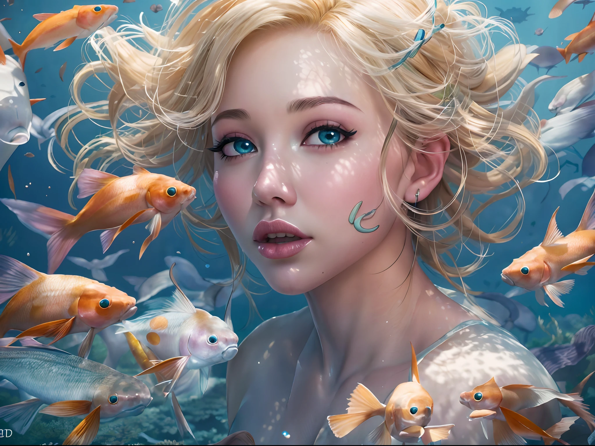 high details, best quality, 16k, RAW, [best detailed], masterpiece, best quality, (extremely detailed), full body, ultra wide shot, photorealistic, fantasy art, RPG art, D&D art, a picture of a mermaid swimming with koi fish under the sea, exqisite beautiful mermaid, ultra feminine (best details, Masterpiece, best quality), ultra detailed face (best details, Masterpiece, best quality), blond hair, pixie cut, blue eyes, white scales, undersea life, a [[flock of koi fish]] swimming (best details, Masterpiece, best quality) undersea background depths-fc, dim sun light from above High Detail, Ultra High Quality, High Resolution, 16K Resolution, Ultra HD Pictures, 3D rendering Ultra Realistic, Clear Details, Realistic Detail, Ultra High Definition