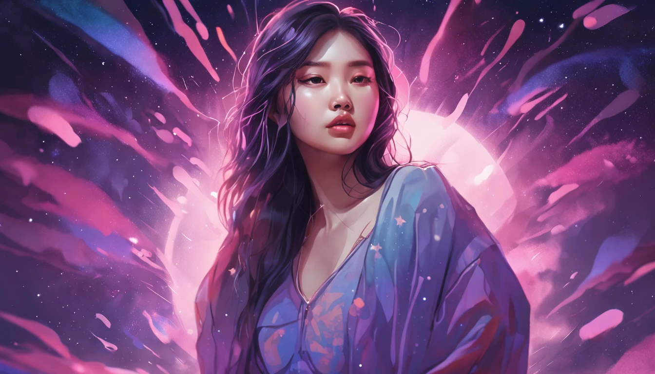 Half of a Korean girl, Features realistic stroke styles and pastel colors using a purple and blue palette, With cosmos as a background and stars.