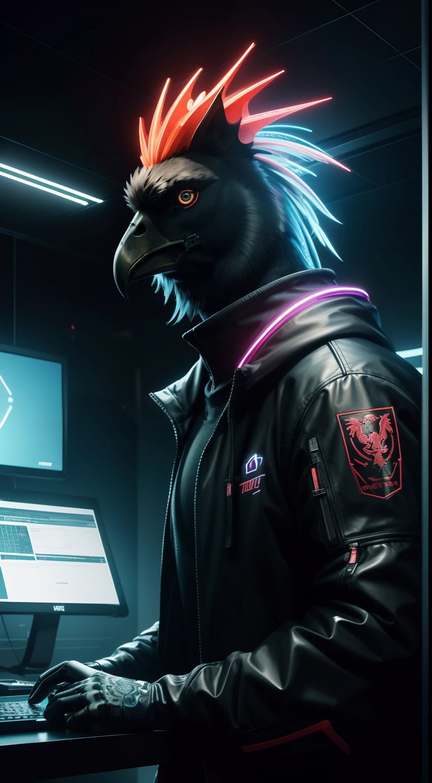 hacker, rooster face, matrix, computer, stare at the computer, neon light, Animal Anthropomorphism, realistic digital, humanoid, abstract background, global illumination, intricate, epic, dramatic, masterpiece, high detail, best quality, ultra high res