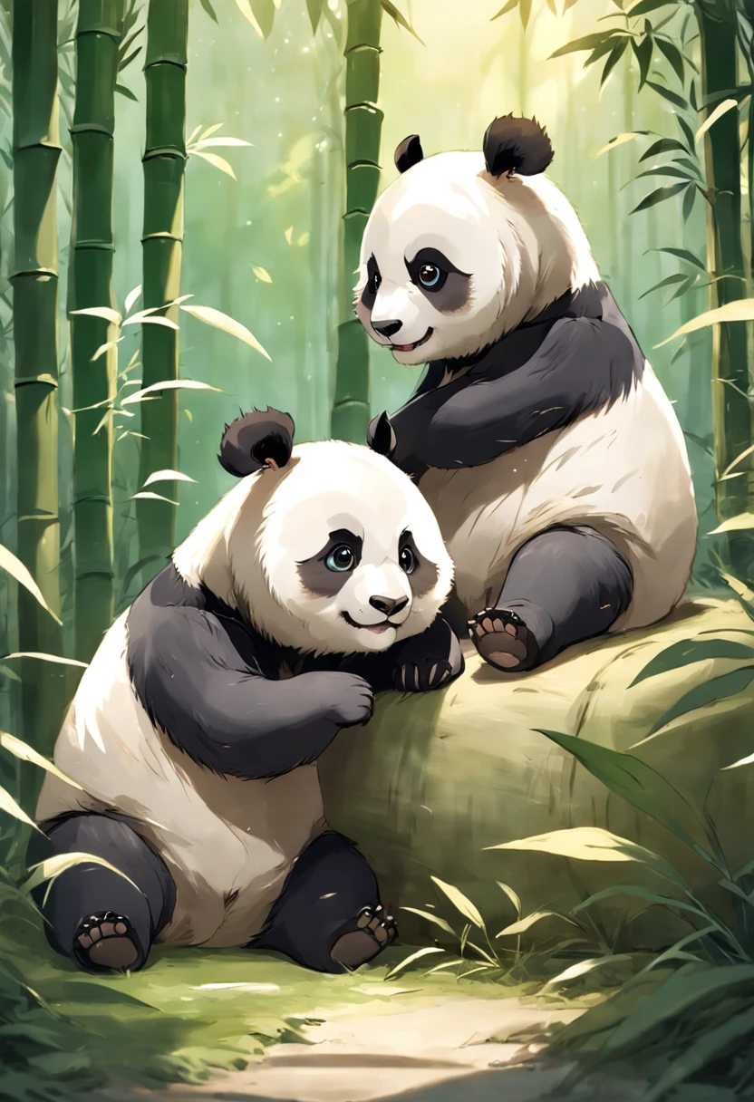 Two cute furry panda cubs wallow playfully in the sunny bamboo glade, Warm light filters through the leaves. Detailed fur texture, Peaceful and natural mood, Gentle lighting. Traditional watercolor style. --AR 4:5 --s 400 --niji 5