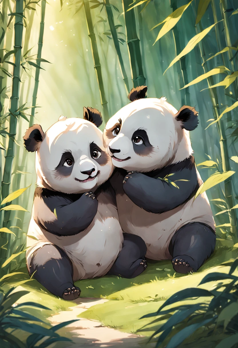 Two cute furry panda cubs wallow playfully in the sunny bamboo glade, Warm light filters through the leaves. Detailed fur texture, Peaceful and natural mood, Gentle lighting. Traditional watercolor style. --AR 4:5 --s 400 --niji 5