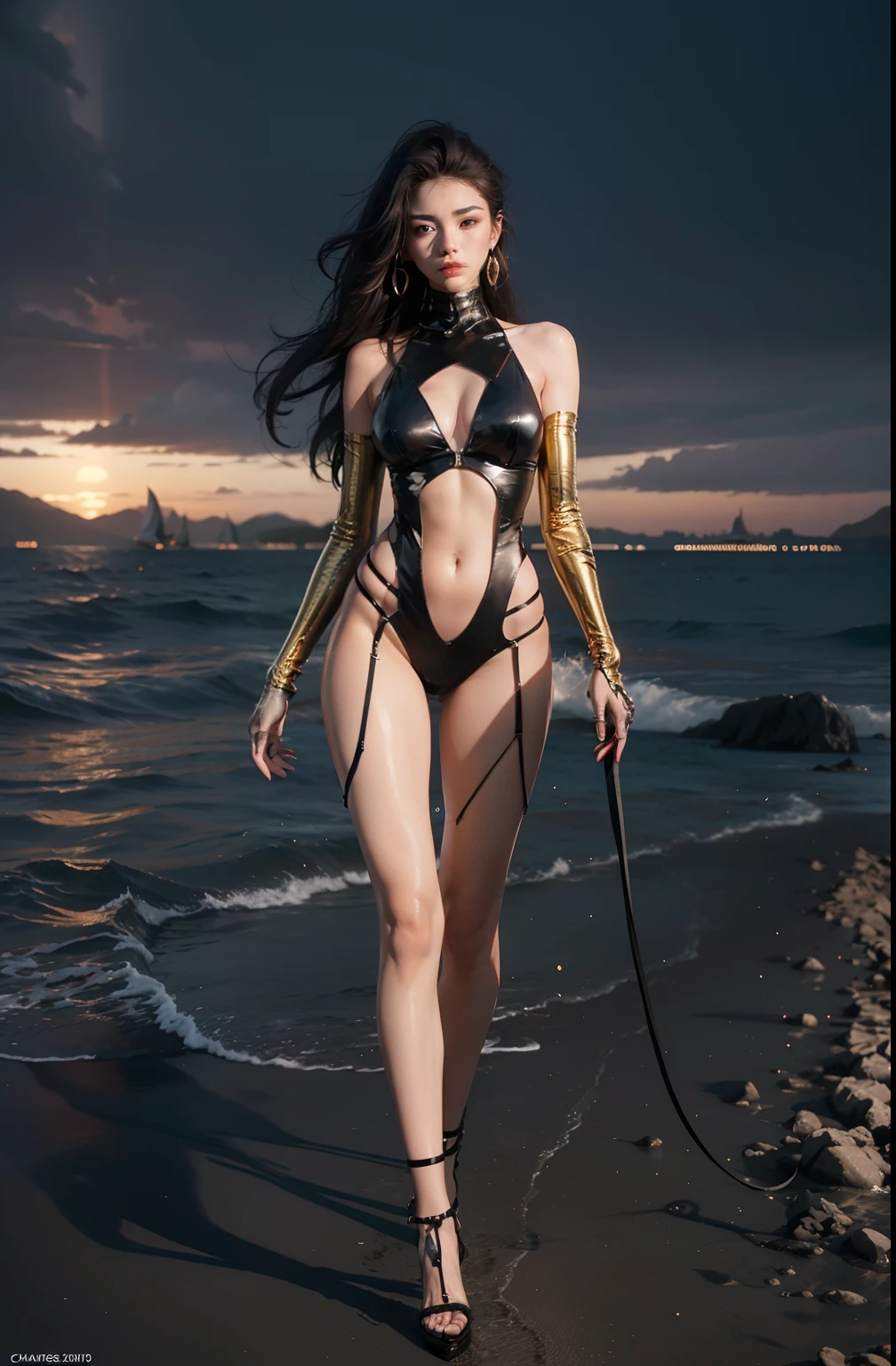 32k,Ultra high quality,ultra-clear,best qualtiy,Refined face,18-year-old girl,Slim body,A body made of red black yellow purple gold metal,Larger bust,Metallic structural skeleton,beachside,Stand up,sea beach,There are huge spaceships floating in the air,cyber punk perssonage,Sci-fi,Full body frontal photo,Hate the sky,high-heels,long necks,There are collarbones,extremely large bosom,Abs are pronounced,the shark