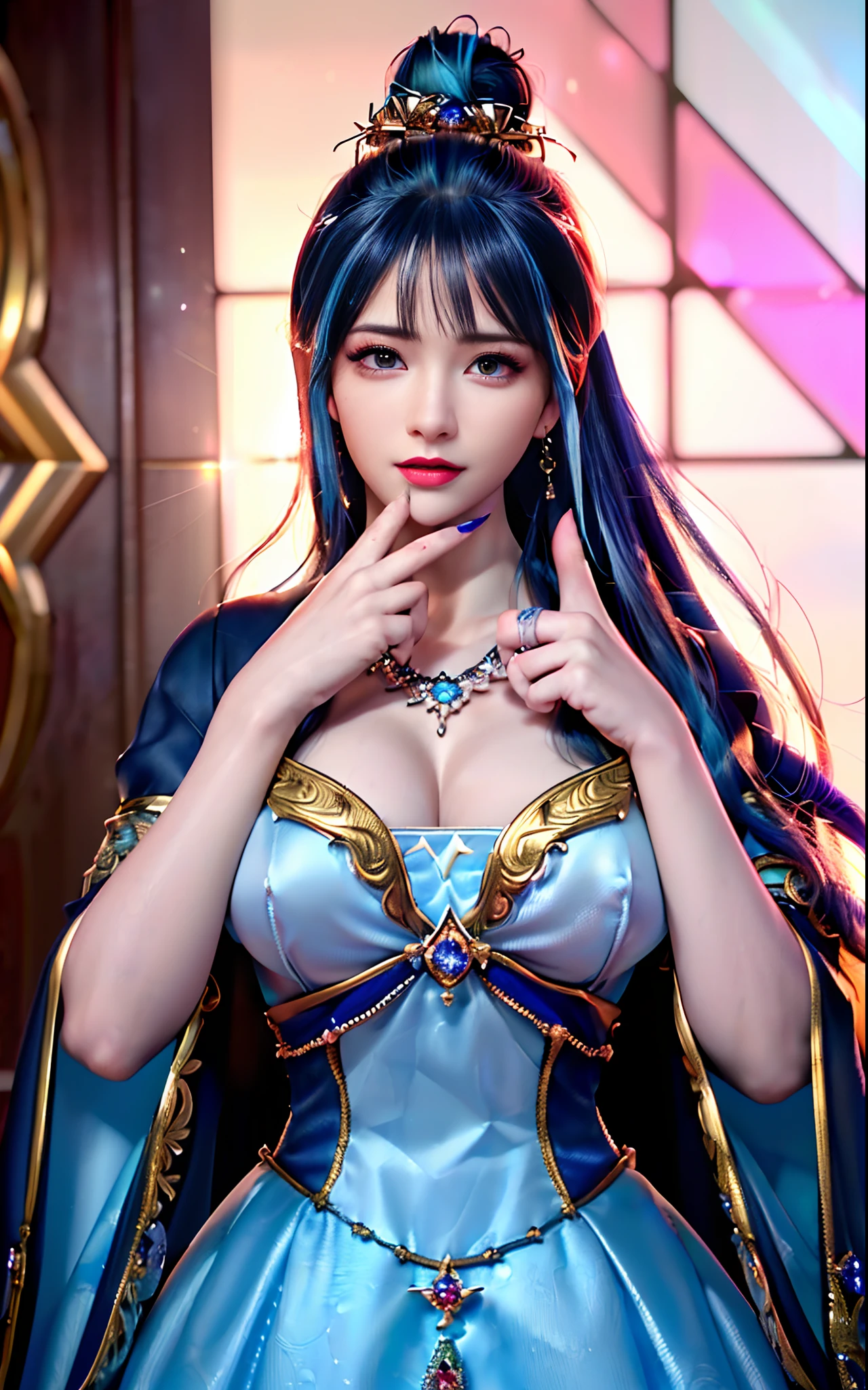 ((realisticity: 1.2)), ((realistic: 8K UHD)), ((best resolution: 8K UHD)), hyper detailed, best quality,masterpiece,highres,cg, ((1 girl hyper detailed and hyper realistic) ) , ((beautiful queen, hyper realistic and hyper detailed)),((white skin, beautiful, smooth, youthful, hyper realistic and hyper detailed )), ((Face hyper beautiful, white, hyper realistic and hyper detailed ) ), long hair, ((hyper realistic and hyper detailed dress)), solo, ((hyper realistic, hyper beautiful, beautiful and hyper detailed jewelry)), ((hyper beautiful deep red and golden yellow dress, hyper realistic and hyper detailed )) , ((Her pretty, hyper realistic, hyper detailed diamond filled earrings)), ((Her gorgeous diamond haircut, hyper realistic and hyper detailed)), ((hyper pretty upper body, hyper beautiful, hyper realistic and hyper detailed) ), ((medium : 1.1)), ((hyper realistic, hyper pretty, hyper detailed )), ((the backgroun of the royal palace is hyper majestic, hyper realistic and hyper detailed)),((hands and palms hyper beautiful, hyper detailed, hyper realistic)), ((hyper detailed and hyper realistic fingers and fingernails)), ((hyper pretty fingernails, hyper vivid, hyper detailed, hyper realistic)), ((thumb, index finger, middle finger, ring finger, little finger hyper vivid, hyper pretty, hyper detailed, hyper realistic)),  
((hyper beautiful fingers, hyper detailed, and hyper realistic)), ((posture not too fat and not too thin, hyper realistic, hyper detail)), ((hyper pretty, hyper pretty, hyper realistic and hyper detailed hair bun)), ((hyper pretty , hyper realistic and hyper detailed blue hair)), candid, Photo, high resolution, 8k , bokeh,