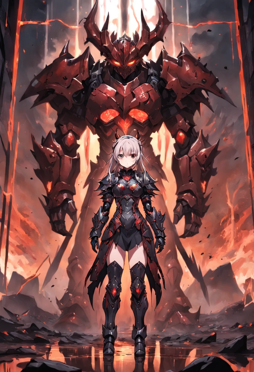 (infernal darkness beautiful girl), ((infernal darkness)), ((blood power armor)), blood, (black magma), reflection on the armor