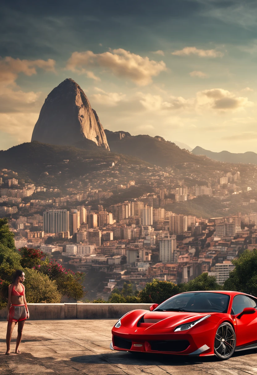 (Best quality, 8k, Masterpiece :1.2), hyper realistic, an red Ferrari 488 at a mountain, city of Rio de Janeiro Brazil in background, The Redeemer Christ view, a beautiful brown hair girl in sport clothes looking at landscape