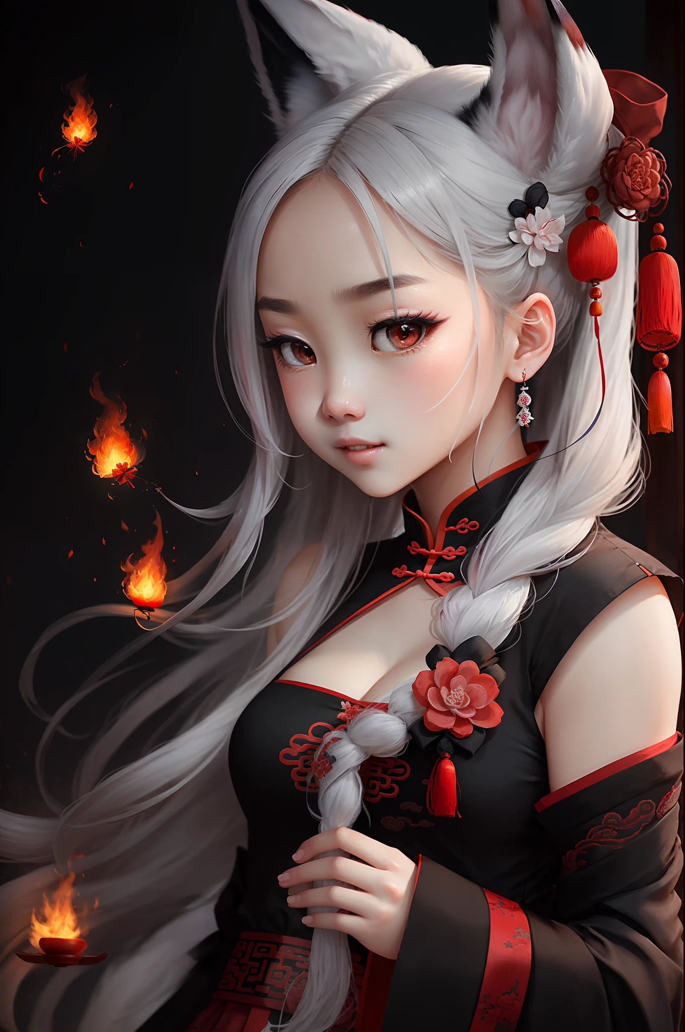 1girll,独奏,long whitr hair,whaite hair,fox ear,Blushlush,Chubby toot,(Perfect body 1.3)sexy dress,tmasterpiece,(Fidelity:1.4),Perfect body,Beautiful face with details,full bodyesbian,shoe,long eyebrow,The large,adorable eyes,电影灯光, 电影灯光,intense contrast,High level of detail,Best quality at best,tmasterpiece,Chinese style,Halfway portrait,show the grinps,Straight teeth