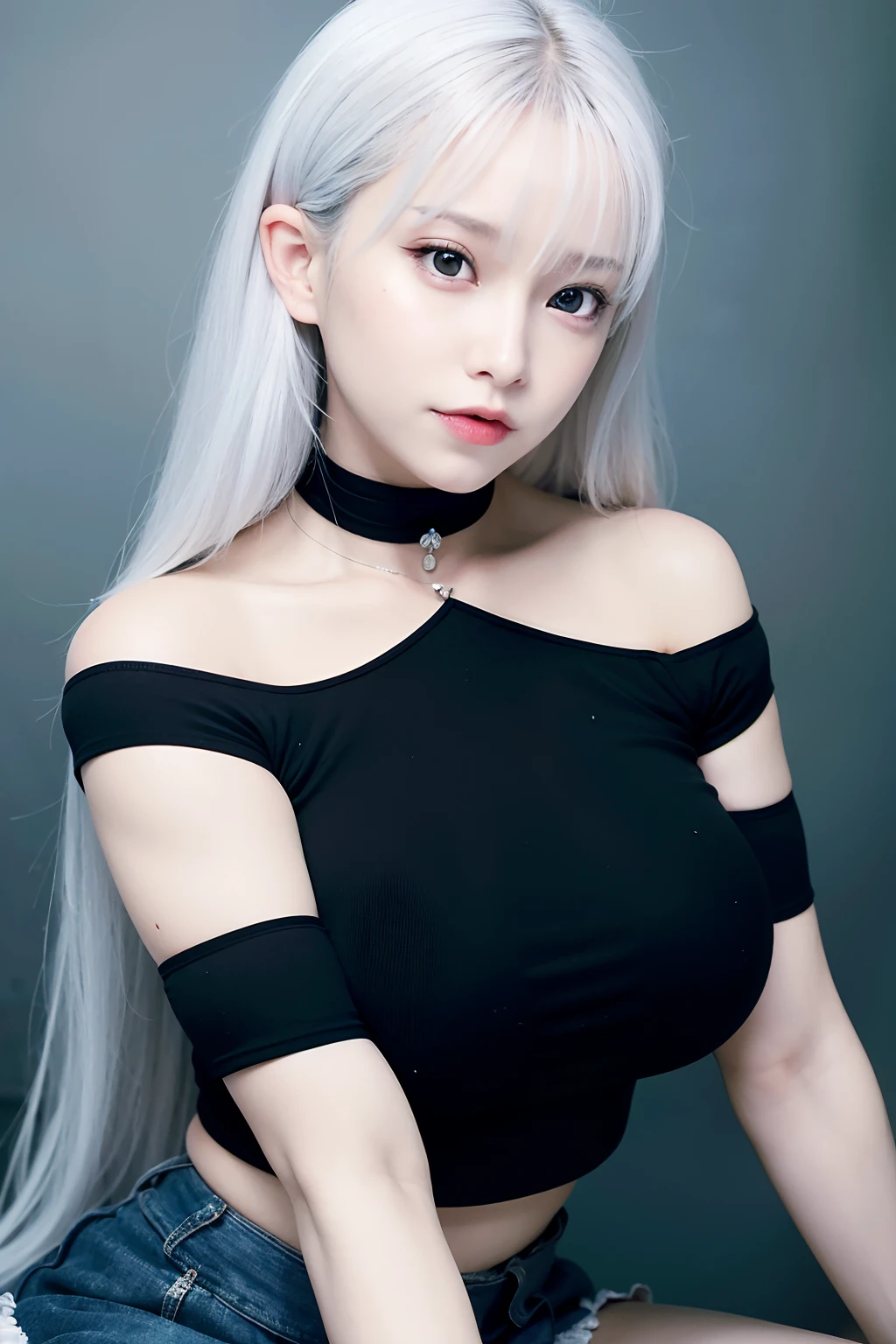 best quality, ultra high res, (photorealistic:1.4), 1girl, off-shoulder white shirt, black tight skirt, black choker, (faded ash gray hair:1), (huge breasts:1.2), looking at viewer, closeup