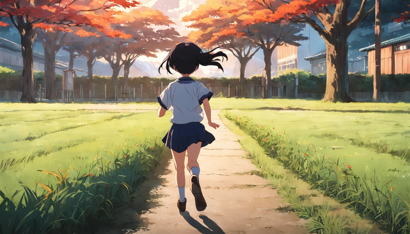 a japanese girl running on school field