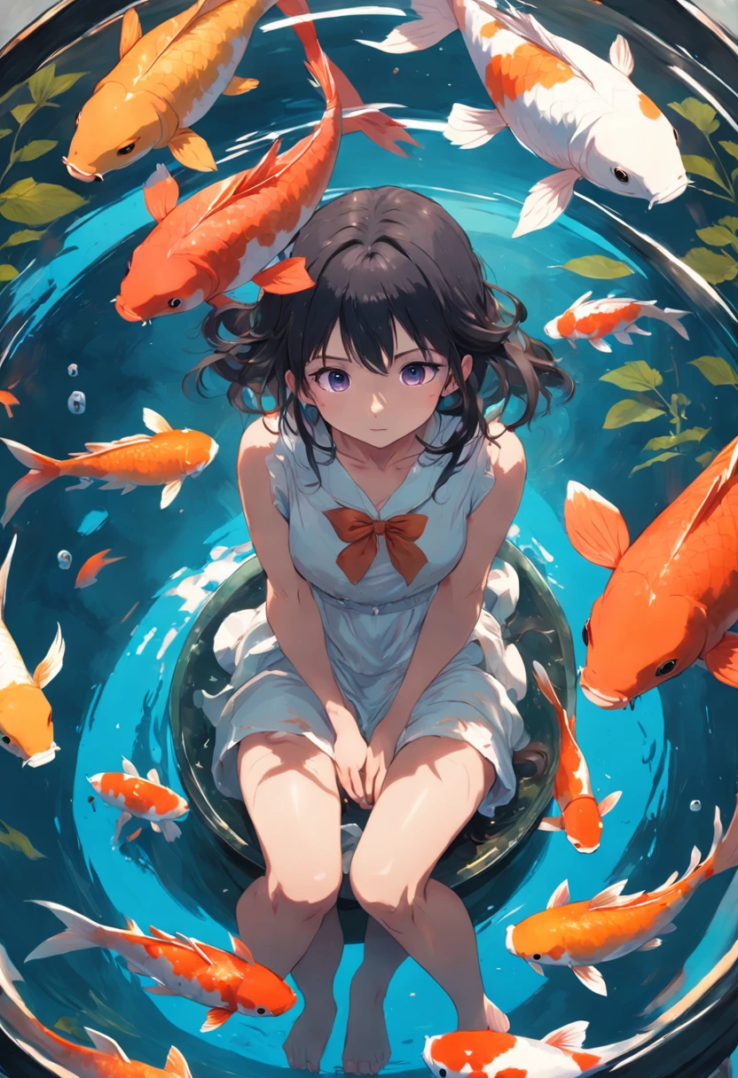 a young woman sitting inside a fish bowl surrounded by koi fish, soft smile