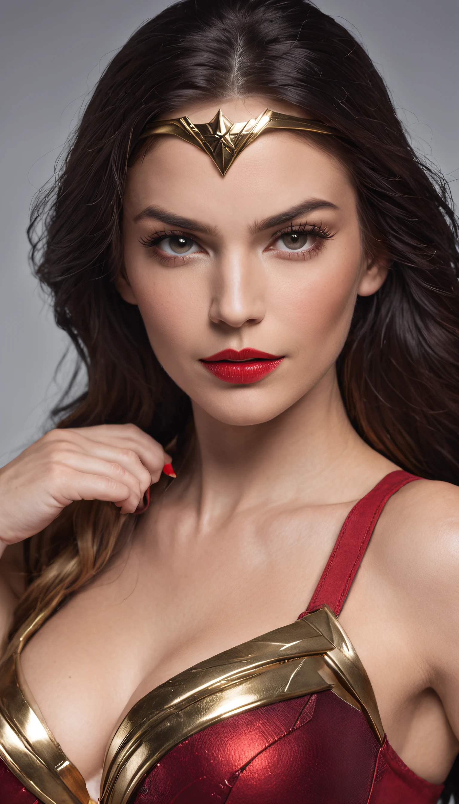 Wonder Woman is an iconic superheroine known for her strength courage and compassion. She has huge breasts, gigantic breasts. Her face exudes determination and a sense of justice. Her piercing eyes reflect her unwavering resolve and compassion for others. Her dark hair cascades in luscious waves framing her face with elegance. She wears her iconic red blue and gold costume. Around her waist, she wears a golden belt with a prominent "W" symbol. Her accessories include golden gauntlets on her arms, serving as both defensive armor and powerful weapons. She wears red and white boots providing her with stability and enhancing her speed and agility. Carries the Lasso of Truth, a golden rope that compels anyone caught in its grasp to tell the truth.
