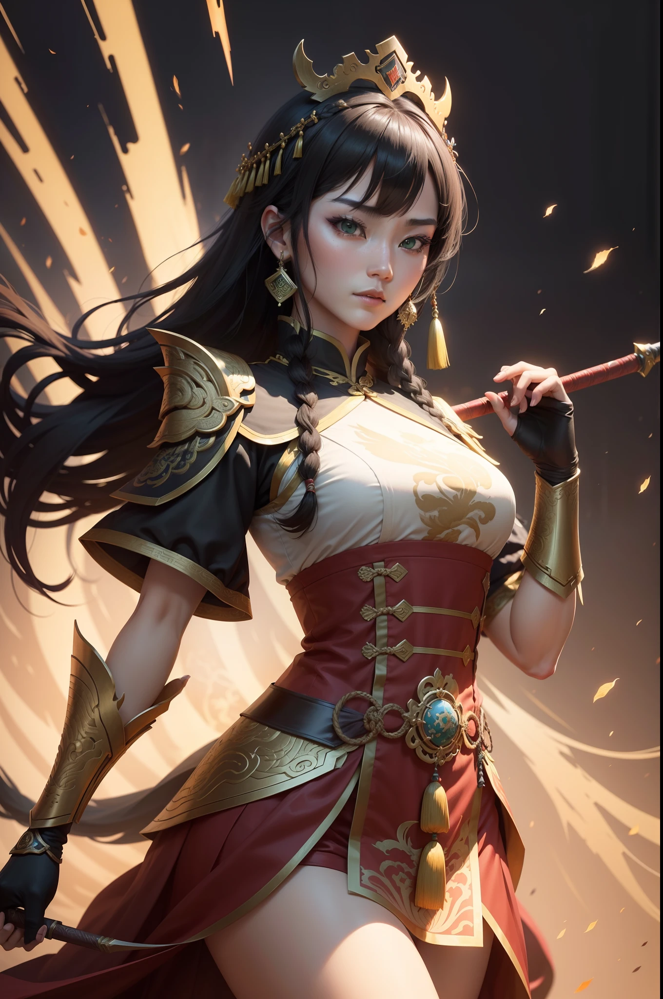 「Incomparable in the Three Kingdoms」Create high-resolution game characters inspired by (dynasty warriors) Series:
1. The character must have a strong and dynamic posture, ready for combat.
2. outfit: Embrace the attraction, Traditional Chinese armor and clothing, Decorated with intricate patterns and possibly glowing elements.
3. arma: Arm your character with unique weapons, Perhaps a hybrid of traditional Chinese weapons, Hirodo, river, etc., however、With a touch of fantasy.
4. color palettes: Use vibrant colors, Especially gold, reddish, and green.
5. expressioness: Show Determination and Strength. Eyes can have a subtle shine, Some Supernatural Ability Tips.
6. Hairstyle: Elaborate, flowing, And with potentially decorative accessories.
7. Background: Tips on battlefields and palaces in ancient China, however、To make your character stand out、Blur a little.
8. Additional elements: Integrate some awesome elements like dragon motifs, Phoenix Feathers, or other mythological symbols common in ancient Chinese culture.
The size is square、The background is white
Capture larger-than-life objects, 「three kingdom」Heroic aesthetic features of character design."