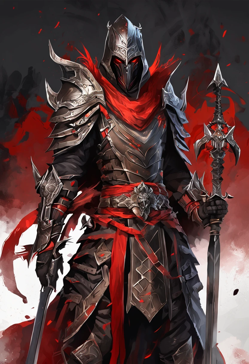 (ultra-detailed CG unit 8k wallpaper, Master parts, Best quality, depth of fields, hdr, 复杂), Tall, The sinister Dark Assassin wears a metal mask,Bright red eyes,Light and dark armor,Behind him,He wears a low-key red cloak。,Holding a sharp dagger in his arms,Step into the burning village, (复杂: 1.4) (Master parts: 1.4) (illustration: 1.4), Red studio lighting, Post-processing, 8K resolution, deep dark background, imponent, Well-composed photos, Impressive, dark fantacy (director: greg rutkovsky: 1.2), (darken: 1.5)