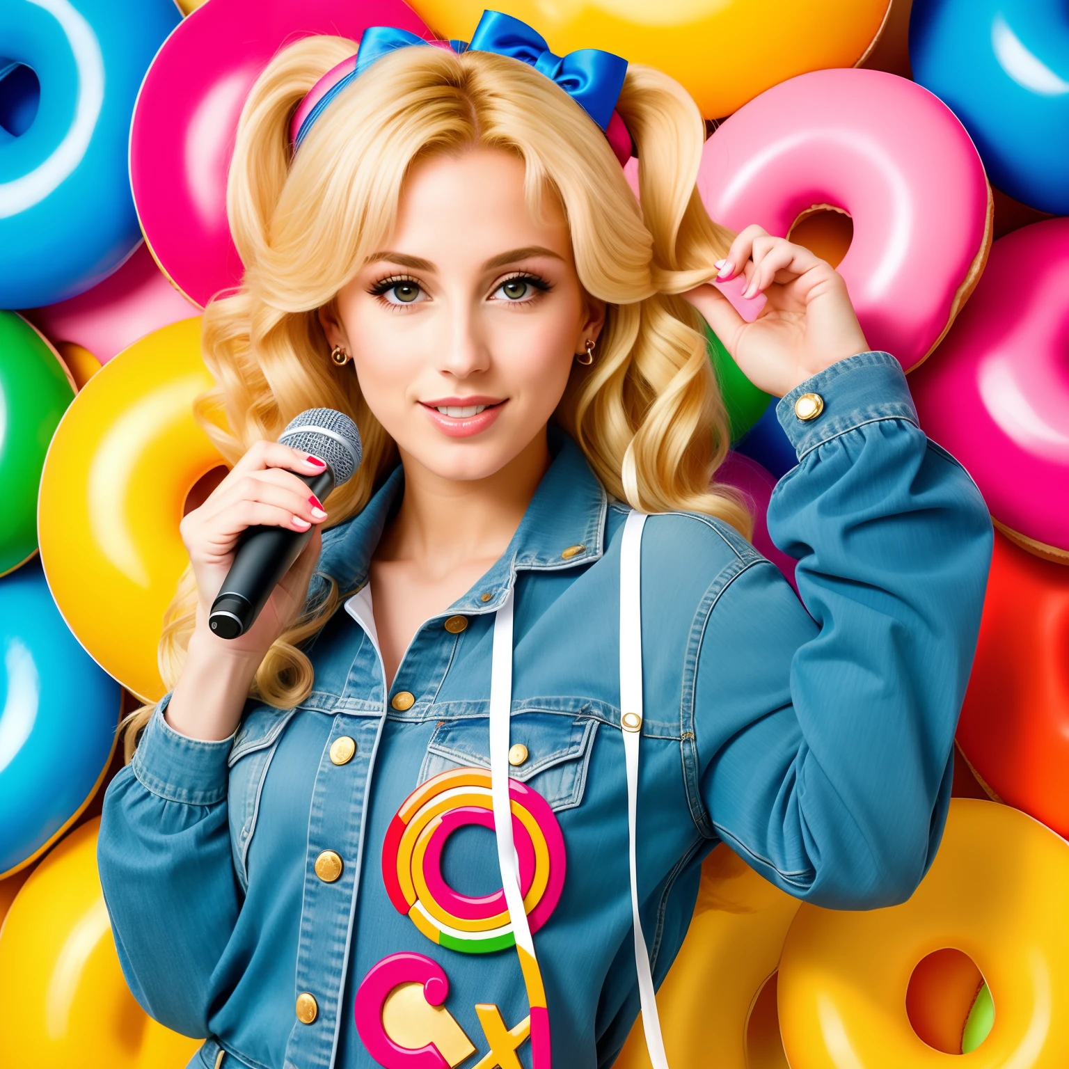 "(Mature and realistic portrayal:1.2) Sailor Moon exuding confidence as she holds a microphone, her blonde hair cascading down, adorned in stylish rainbow denim clothes from the 2000s, with a backdrop filled with donuts."