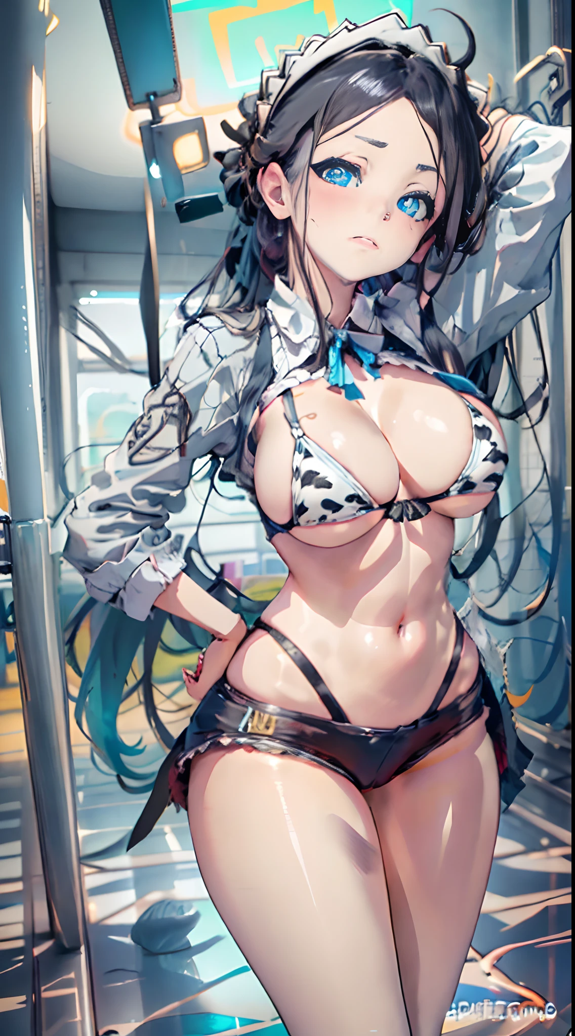 Cheers Saki | Blue Archives, Iwhole Body, (NSTDA.:1.2), (10, beste-Qualit, master-piece: 1.4), ultra-high resolution, (Realistic, photorealistic portrait: 1.48), 25-year-old girl , ( Micro Beetle View - Bikini Pass:1.11),Cow's milk bikini print, Famous Japanese celebrities, gigantic breasts, Blue Eyes, Head Tilted, cowboy shot, View from the front, looking at the audience, expressionless, Beautiful Sea Zeiss f 150mm/ 2.8 Hasselblad, Whole body, foot , Ultra-Wide Angle