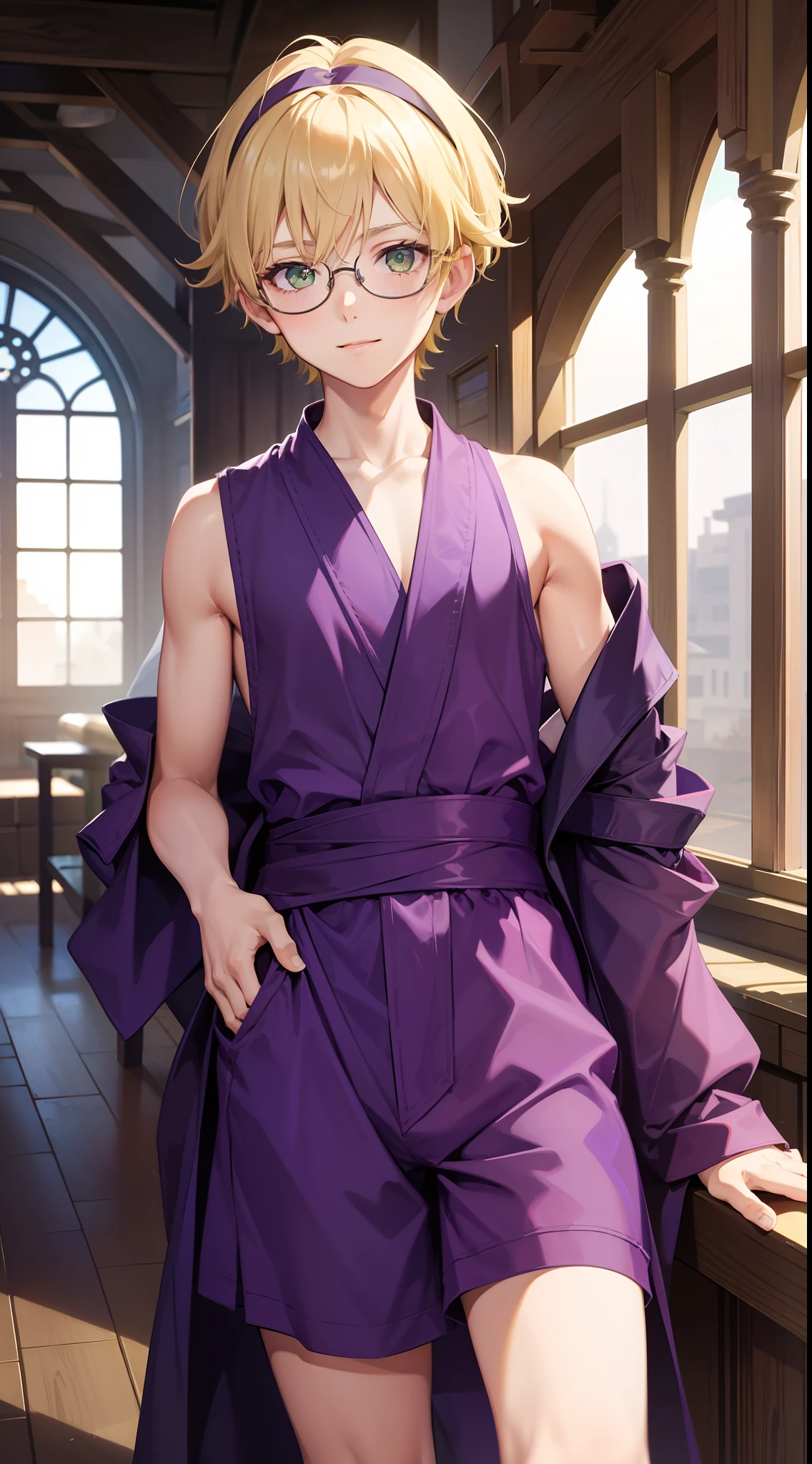 young boy, short blonde hair, Green eyes, Purple robe, Sleeveless, Shorts, pilot's glasses on his head, ssmile, Masterpiece, hiquality