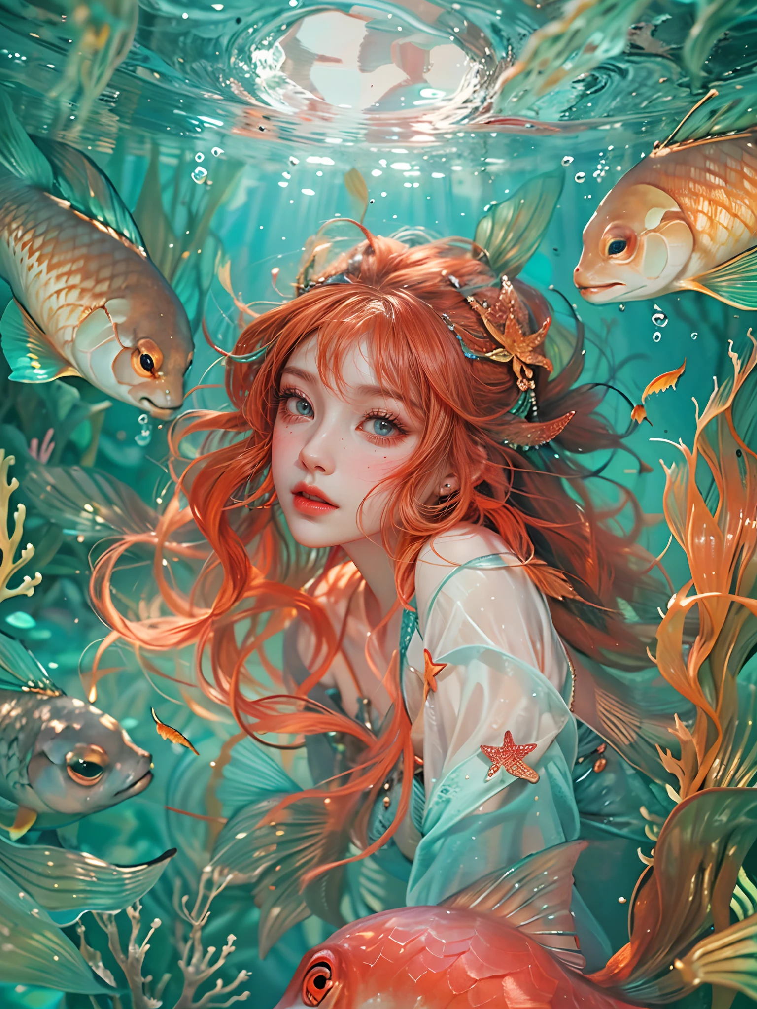 A woman with red hair and a fish head in a sea - SeaArt AI