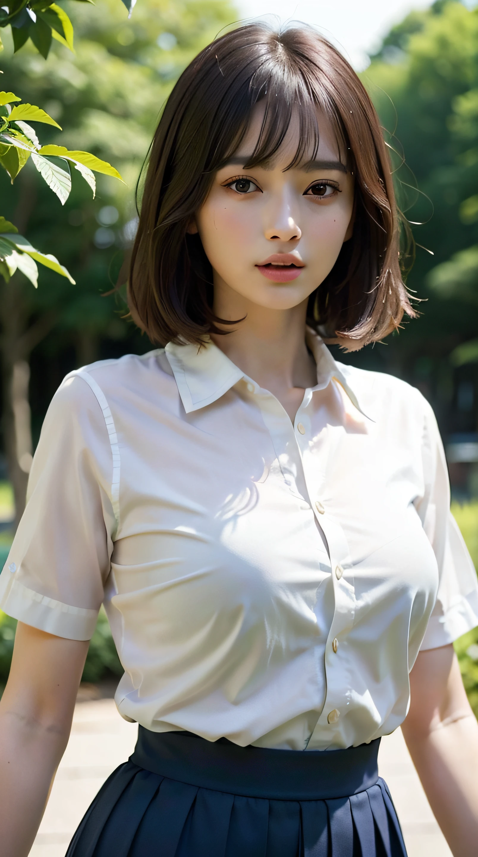 (Raw photo, Best Quality), (Realistic, Photorealsitic:1.3), masutepiece, Extremely delicate and beautiful, Soft light, (Brown hair, Short hair swaying in the wind, Bangs), Beautiful detailed girl, (Detailed fingers), extremely detailed eye and face, beautiful detailed nose, Beautiful detailed eyes, 1 girl, Japanese, Neat and clean beauty, Cute, 年轻, Silk Collar Shirt, Long flared skirt, (Half body:1.3), (medium breasts), Realistic face, Realistic body, Outdoors