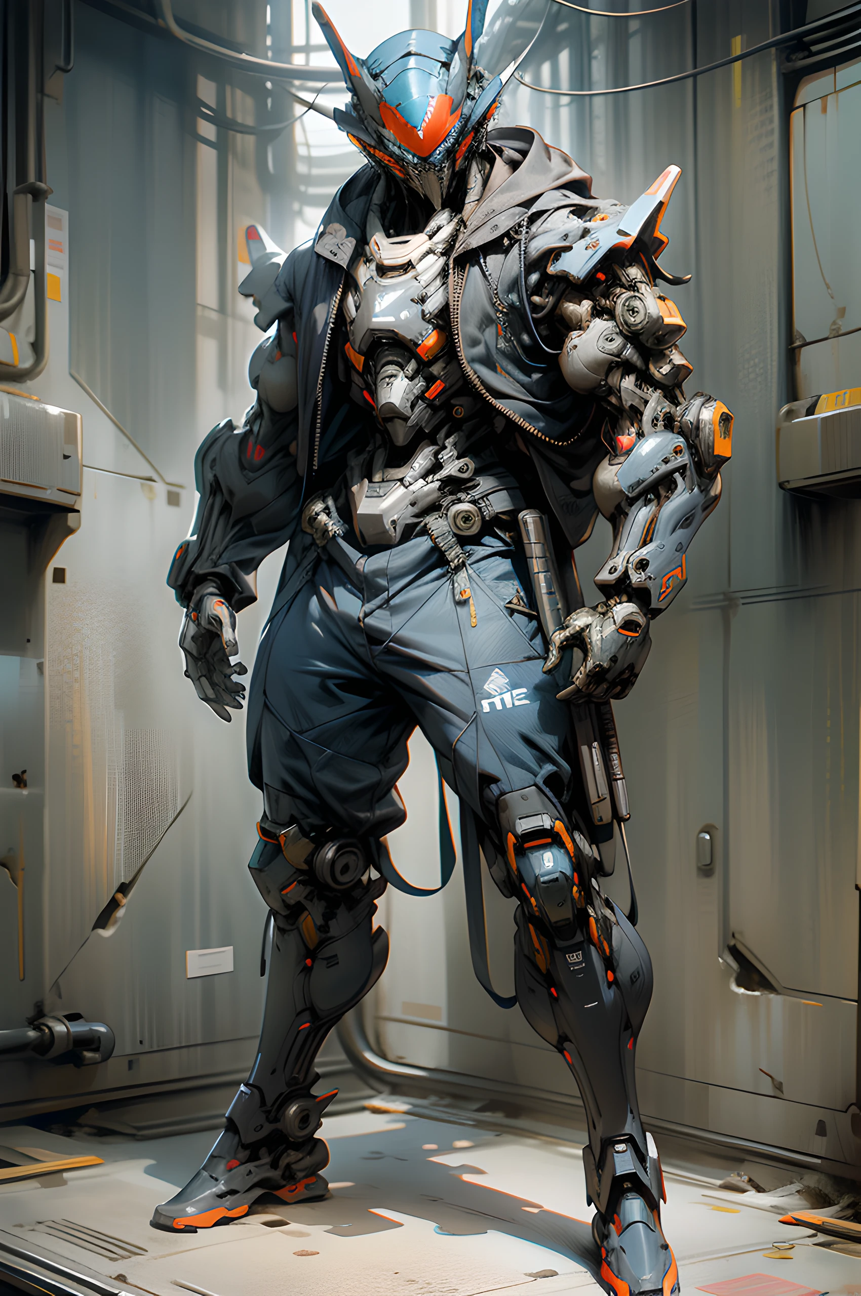 detailed, robotic human, factory warehouse, dirty surfaces,Whole body, without legs, loose wires, red lights, body held by chains, faceless