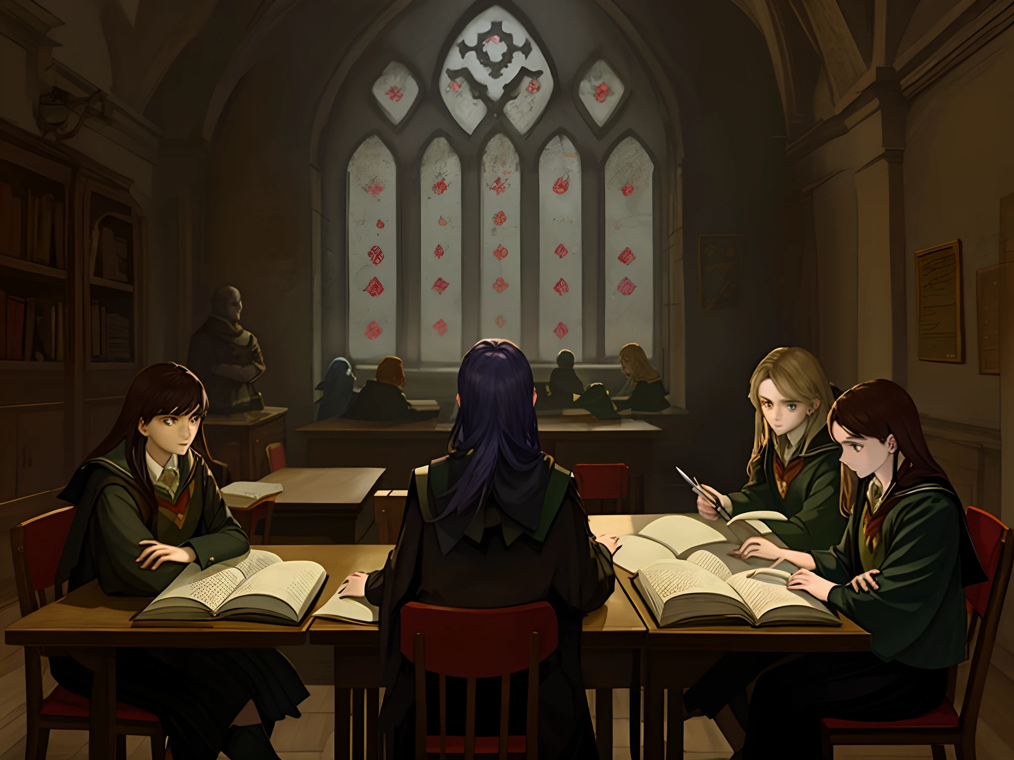 Hogwarts students studying