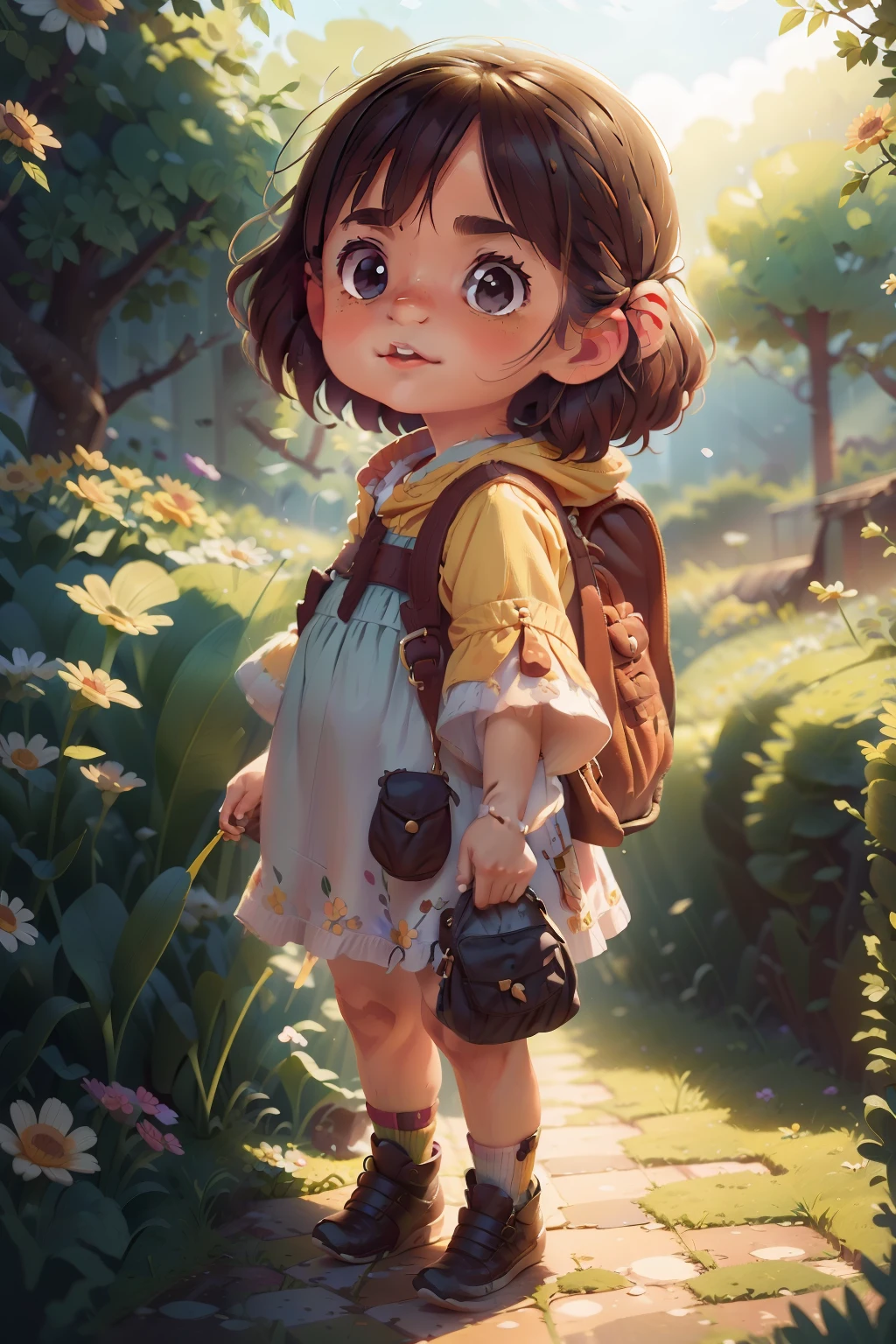 A very charming  with a backpack and her cute little dog enjoying a lovely spring outing surrounded by beautiful yellow flowers and nature. The illustration is a high-definition illustration in 4K resolution with highly detailed facial features and cartoon-style visuals.