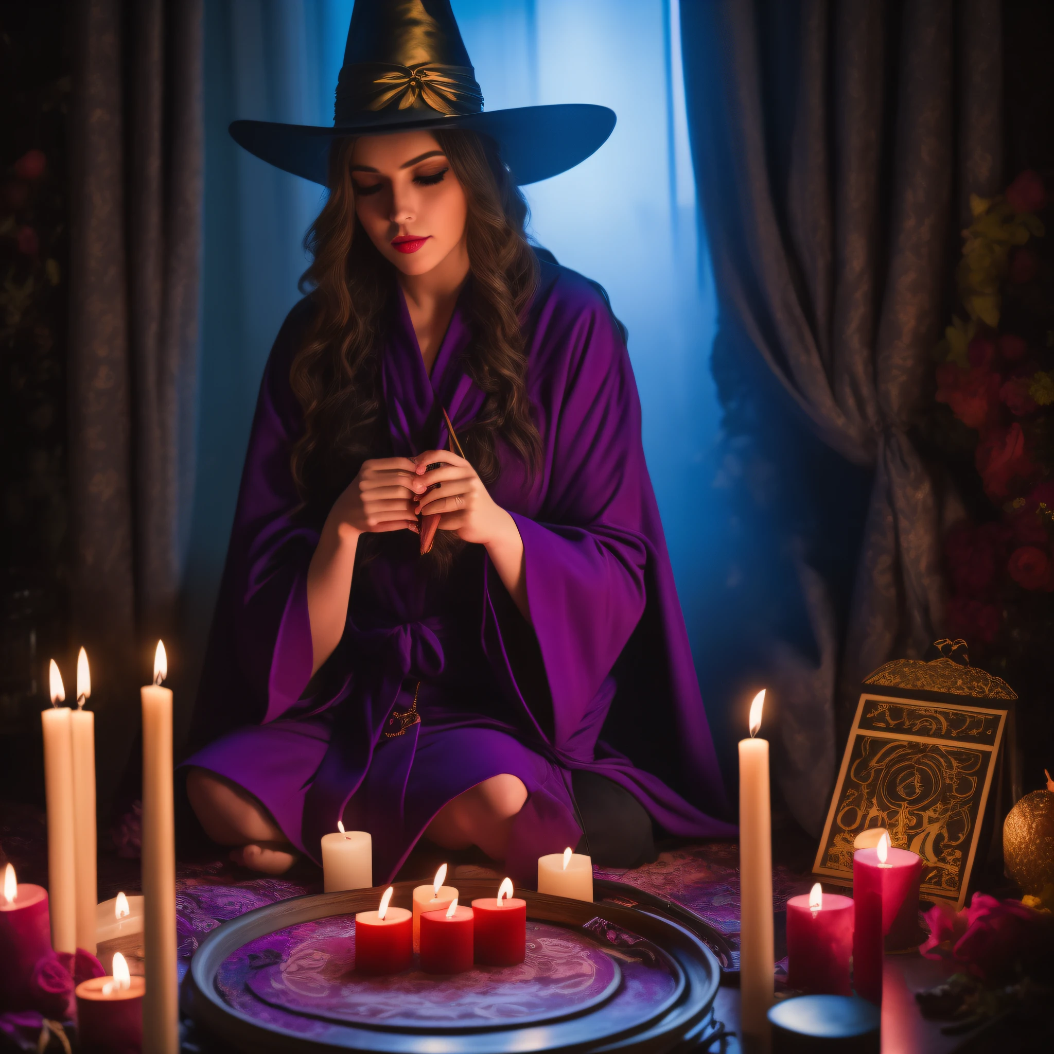 A witch sitting in a circle of candles, with the tarot cards scattered in front of you. The witch is wearing a purple robe and a witch's hat, and she's carrying a staff. The room is dark and mysterious, in a bow palette ires behind it as if it were a colorful mystical environment and the only light comes from a smoke passing from neon light blue to red, depois para o rosa e finalmente para o roxo escuro.