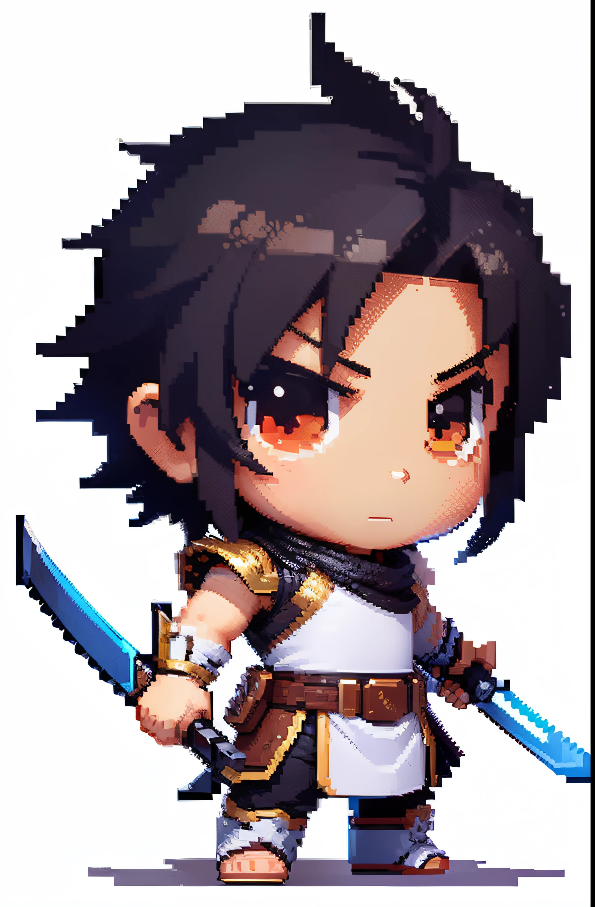 (Solo,Full body,Standing,pixel art,Chibi,Male swordsman),(White background:1.4),( Clear lines, High Sharpness,Best Quality, Very detailed, masutepiece, Anime )